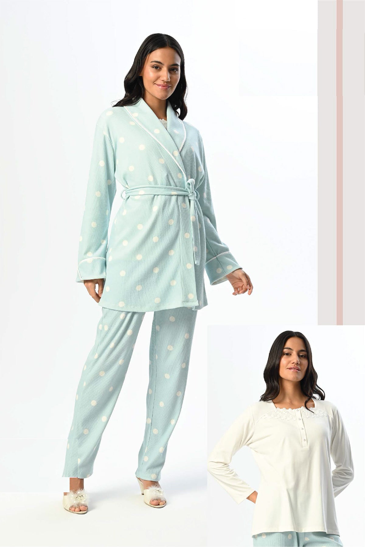 Polka Dot 3-Piece Maternity Feeding-Friendly Pajama & Robe Set - N24351