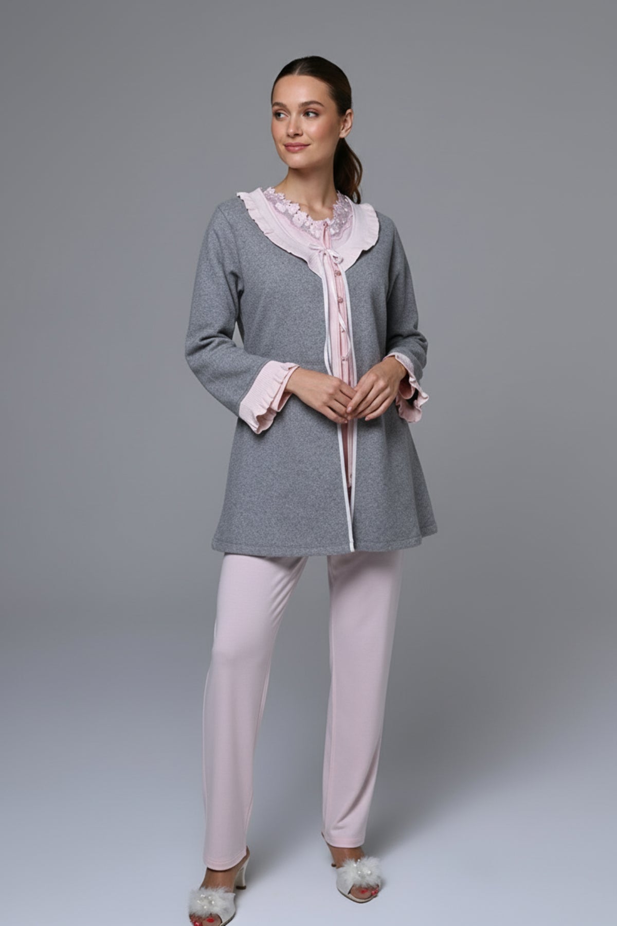 Lace Edge 3-Piece Maternity Feeding-Friendly Pajama & Melange Robe Set Pink - N24355