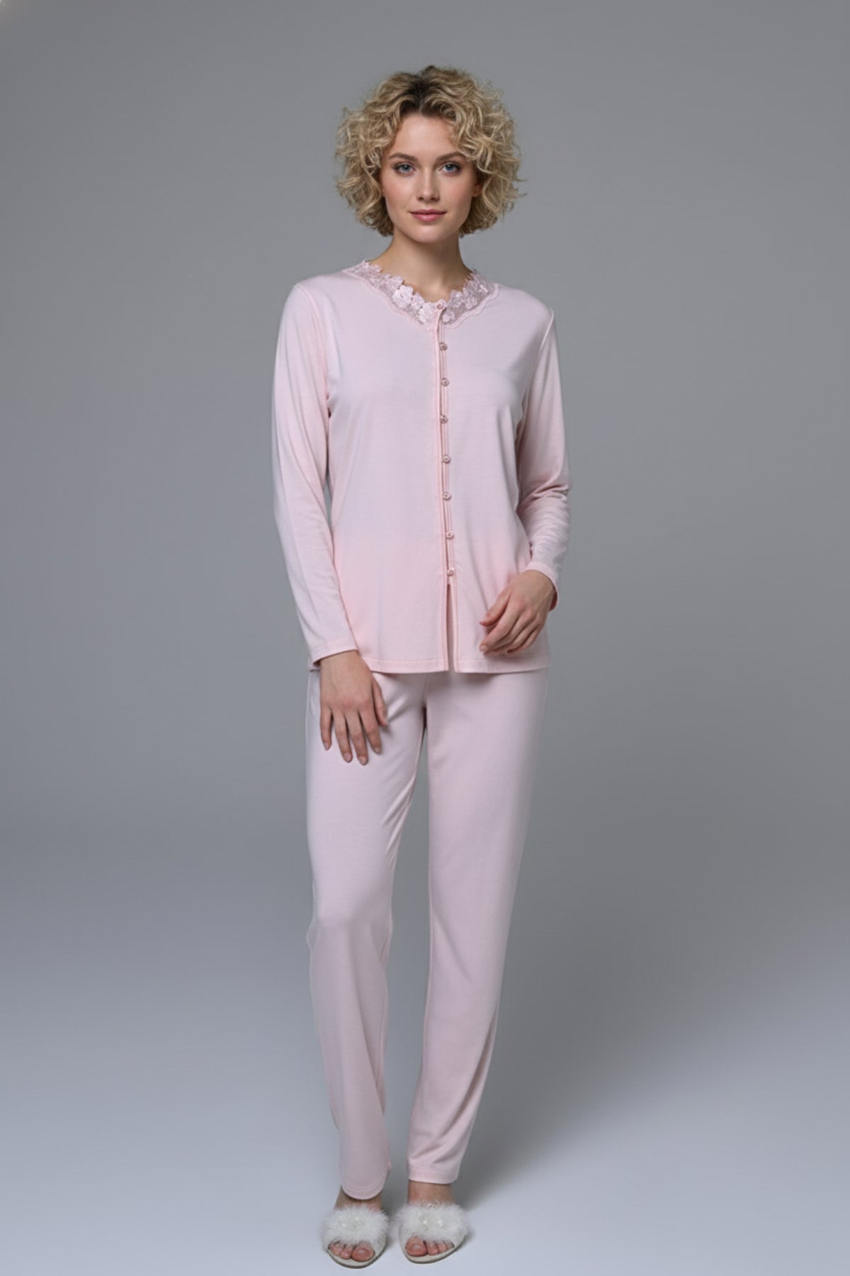 Lace Edge 3-Piece Maternity Feeding-Friendly Pajama & Melange Robe Set Pink - N24355