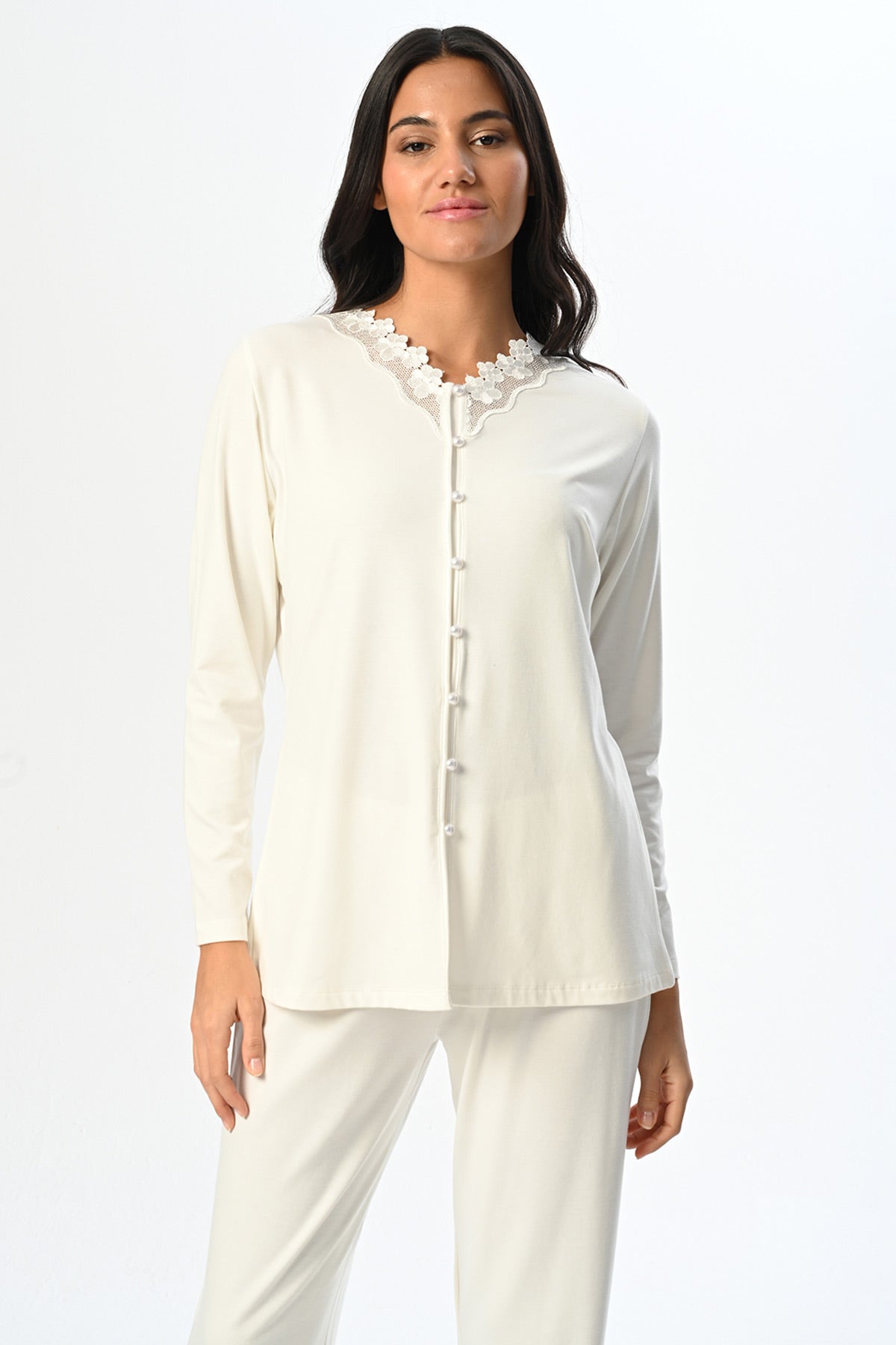 Lace Edge 3-Piece Maternity Feeding-Friendly Pajama & Melange Robe Set Ecru - N24355