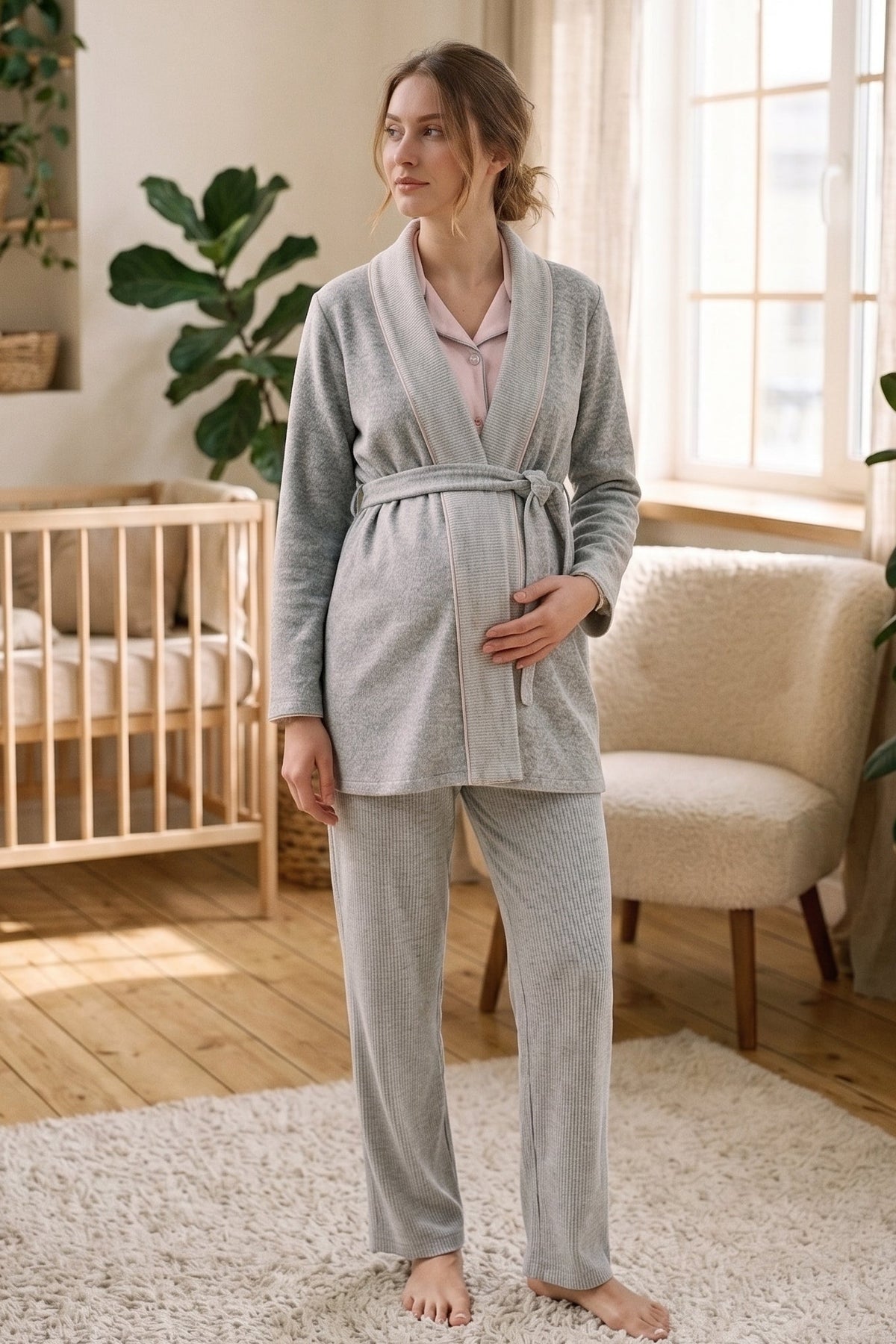 Shirt Collar 3-Piece Maternity Feeding-Friendly Pajama & Polar Robe Set Pink - N24335