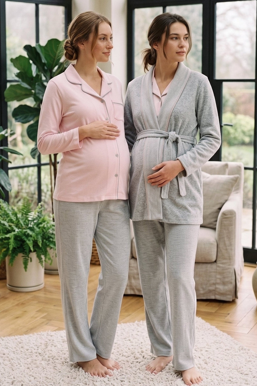 Shirt Collar 3-Piece Maternity Feeding-Friendly Pajama & Polar Robe Set Pink - N24335