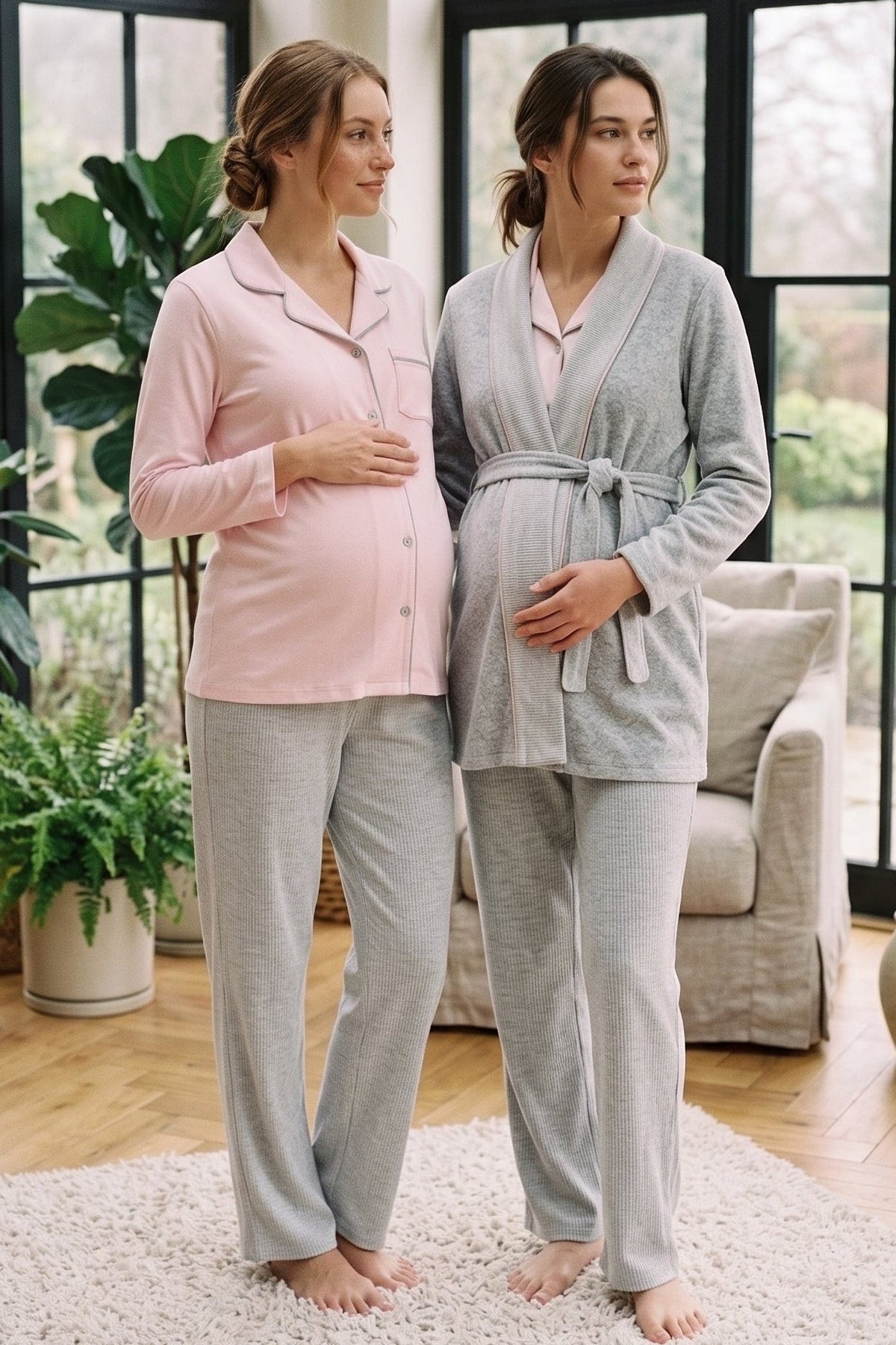 Shirt Collar 3-Piece Maternity Feeding-Friendly Pajama & Polar Robe Set Pink - N24335