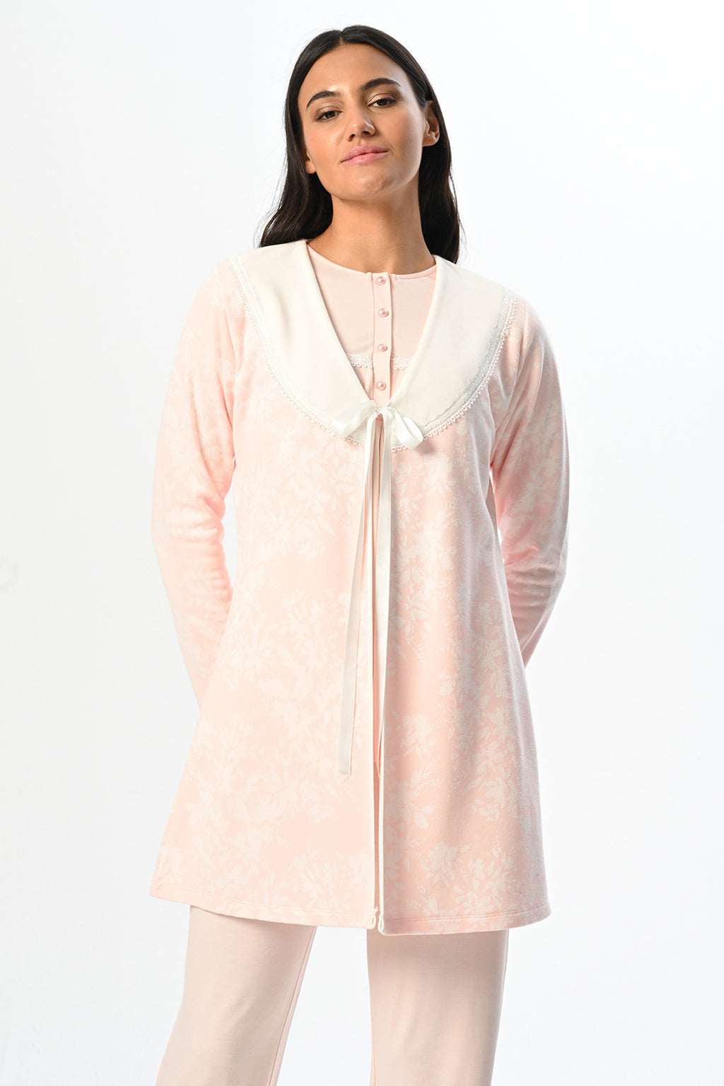 Guipure Collar 3-Piece Maternity Feeding-Friendly Pajama & Jacquard Robe Set Pink - N24358