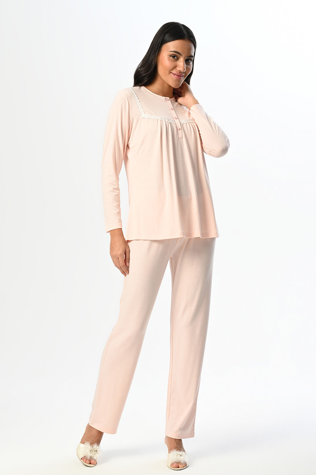 Guipure Collar 3-Piece Maternity Feeding-Friendly Pajama & Jacquard Robe Set Pink - N24358