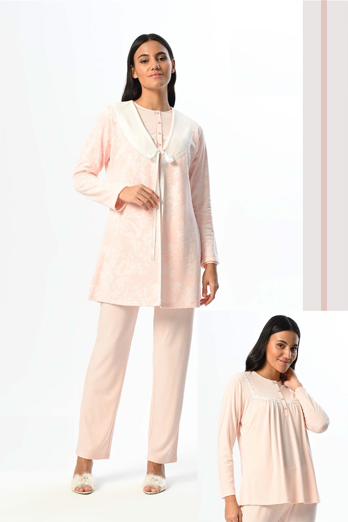 Guipure Collar 3-Piece Maternity Feeding-Friendly Pajama & Jacquard Robe Set Pink - N24358
