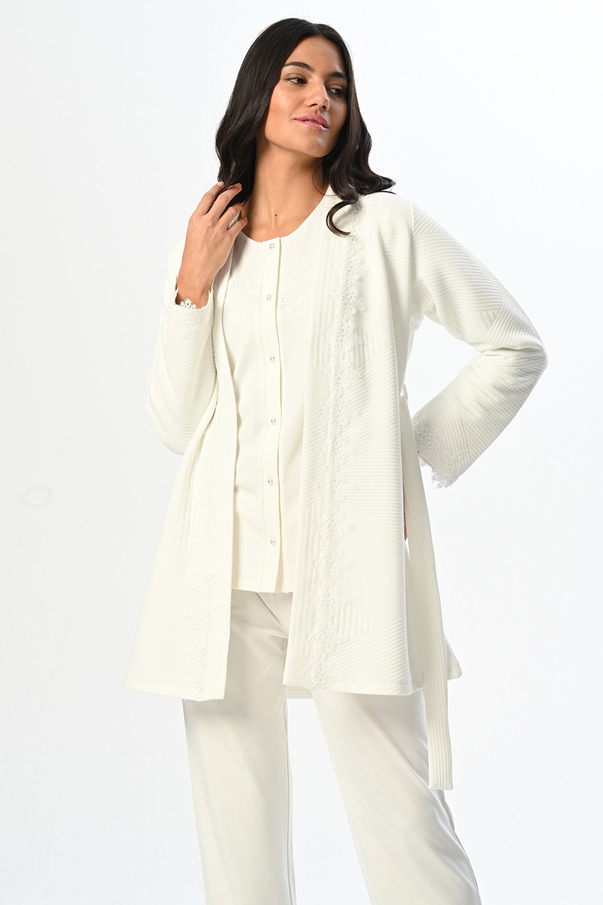 Embroidered 3-Piece Maternity Feeding-Friendly Pajama & Robe Set - N24365