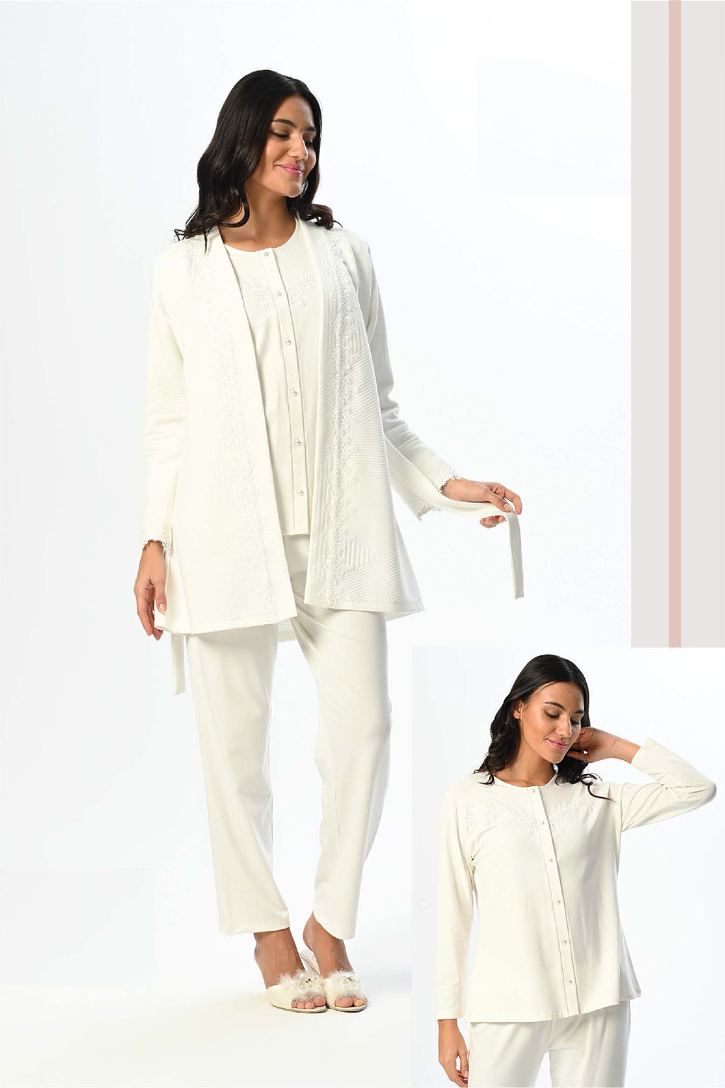 Embroidered 3-Piece Maternity Feeding-Friendly Pajama & Robe Set - N24365