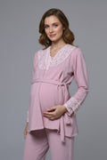 Lace Collar 3-Piece Maternity Feeding-Friendly Pajama & Lace Sleeve Robe Set Pink - N24373