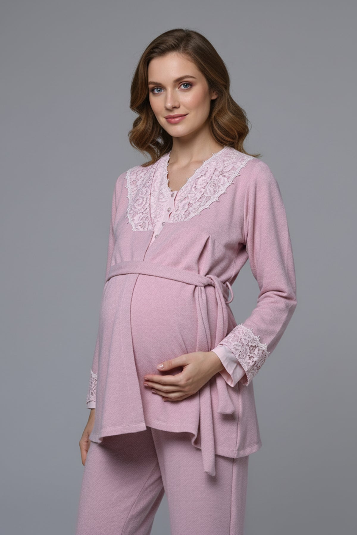 Lace Collar 3-Piece Maternity Feeding-Friendly Pajama & Lace Sleeve Robe Set Pink - N24373