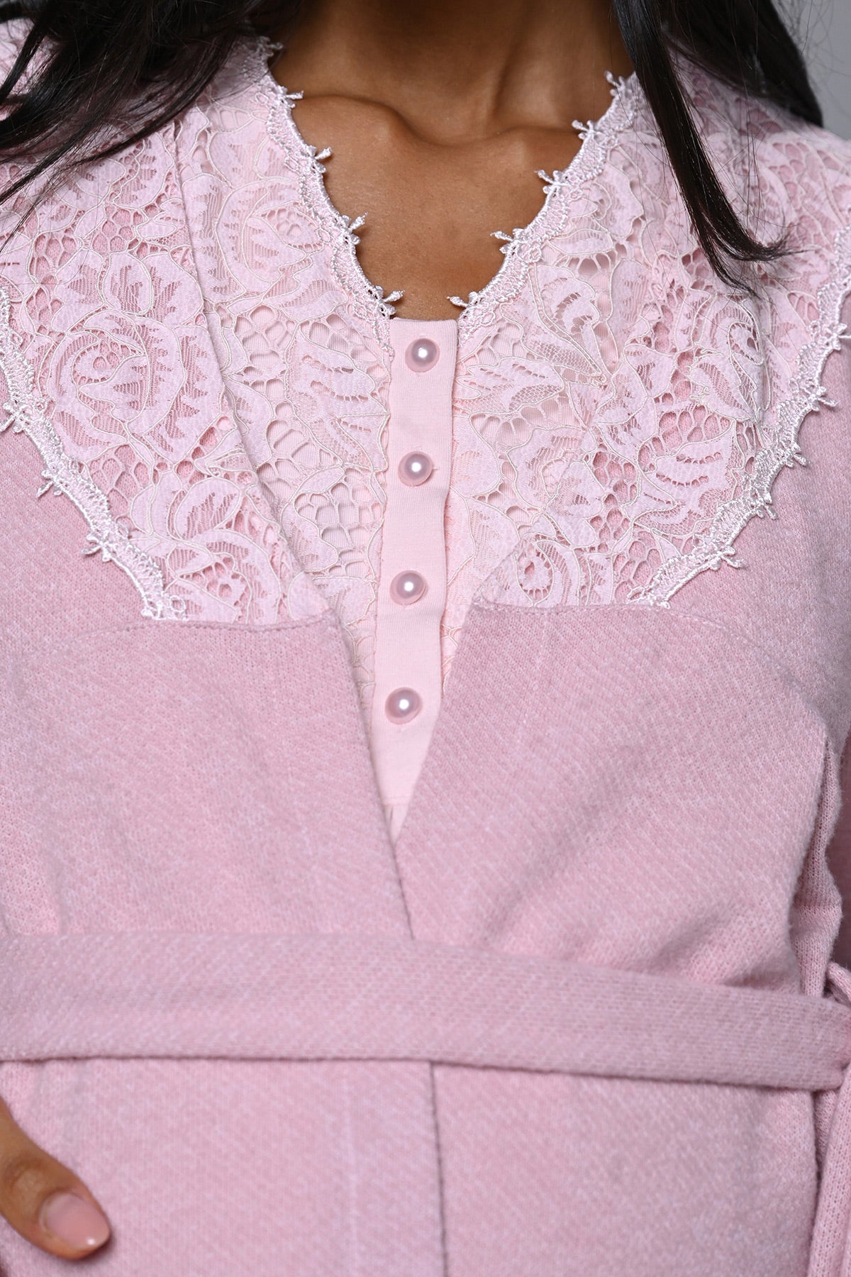 Lace Collar 3-Piece Maternity Feeding-Friendly Pajama & Lace Sleeve Robe Set Pink - N24373