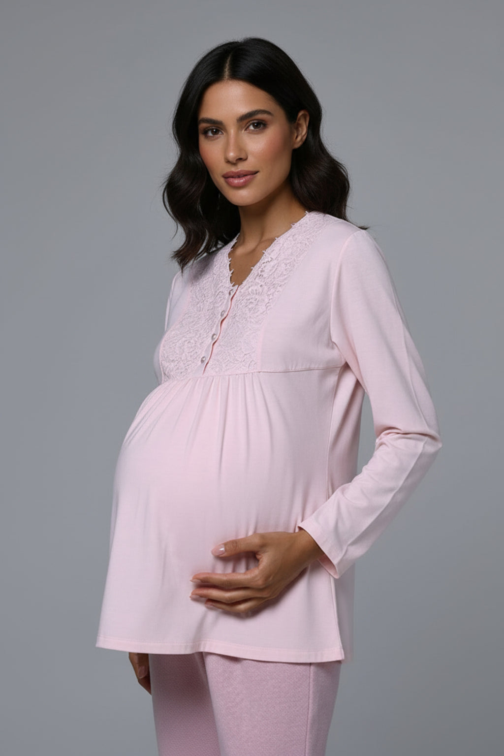 Lace Collar 3-Piece Maternity Feeding-Friendly Pajama & Lace Sleeve Robe Set Pink - N24373