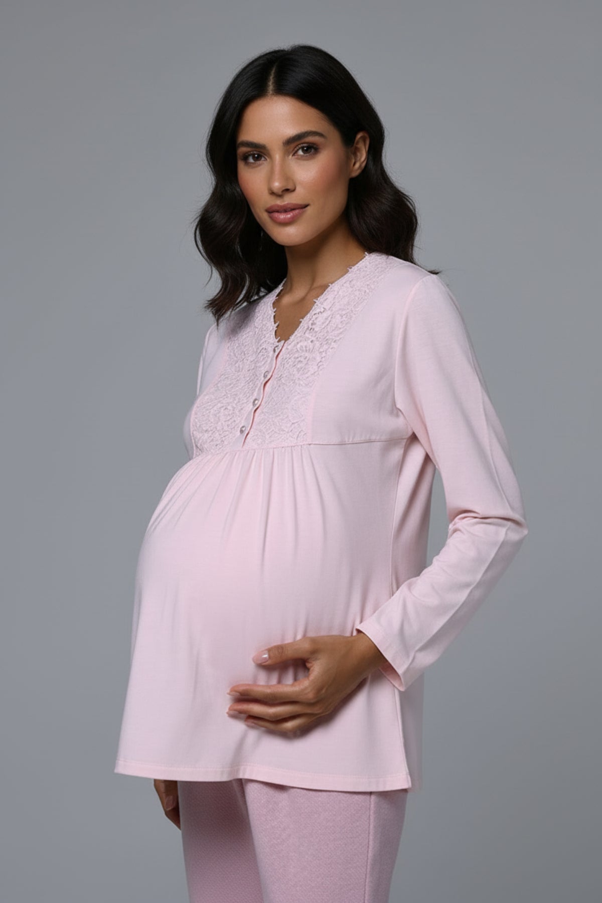 Lace Collar 3-Piece Maternity Feeding-Friendly Pajama & Lace Sleeve Robe Set Pink - N24373