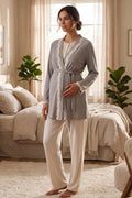 Flowery Lace Collar 3-Piece Maternity Feeding-Friendly Pajama & Robe Set Ecru - N24375