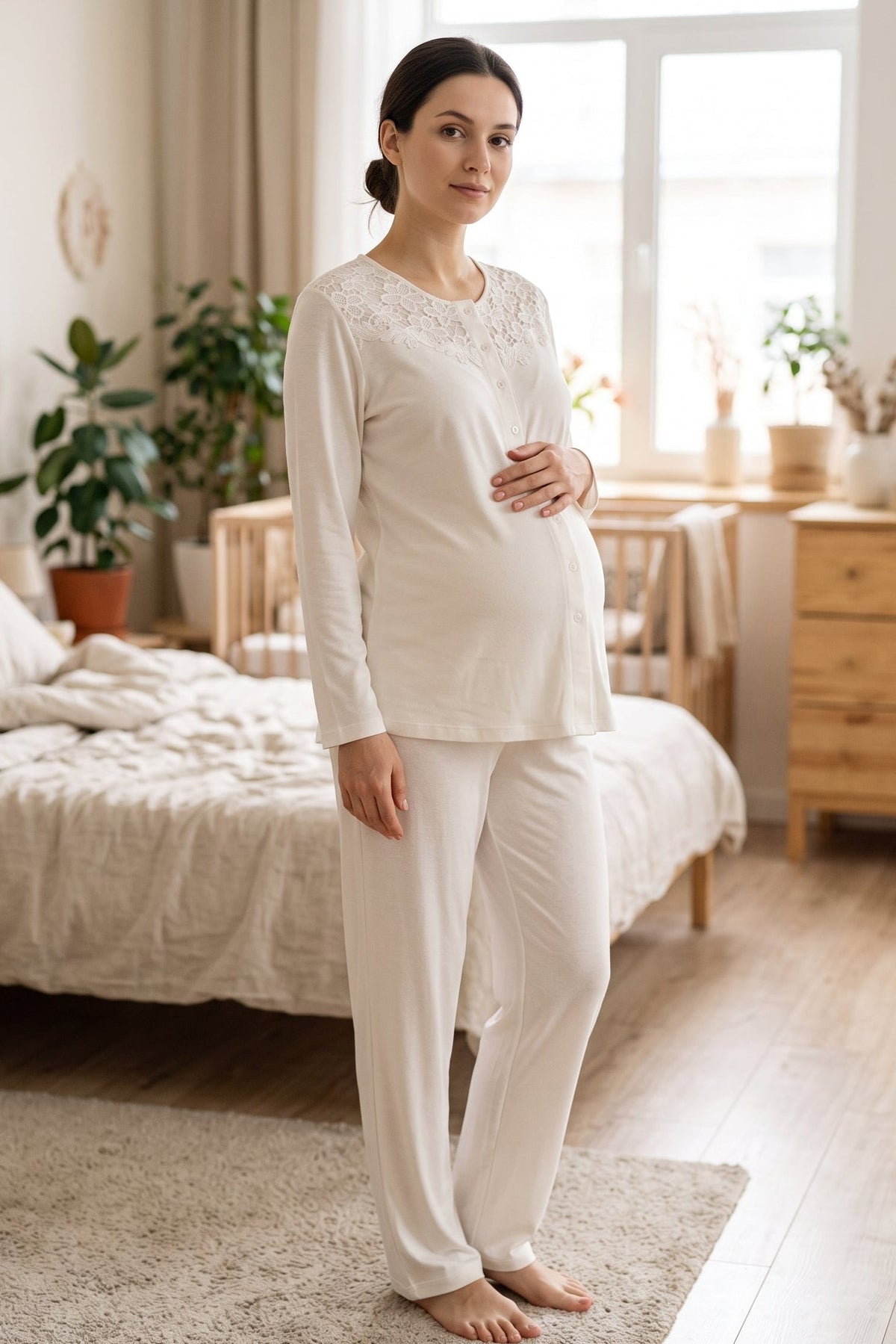 Flowery Lace Collar 3-Piece Maternity Feeding-Friendly Pajama & Robe Set Ecru - N24375