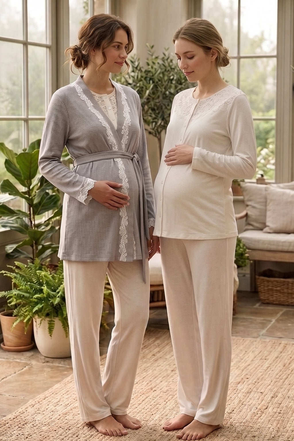 Flowery Lace Collar 3-Piece Maternity Feeding-Friendly Pajama & Robe Set Ecru - N24375