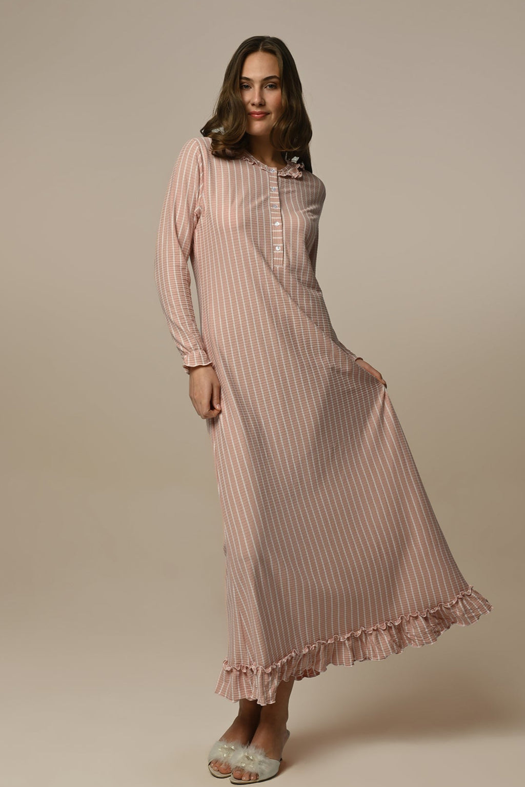 Ribbed Stripe Maternity Feeding-Friendly Nightgown - N24401