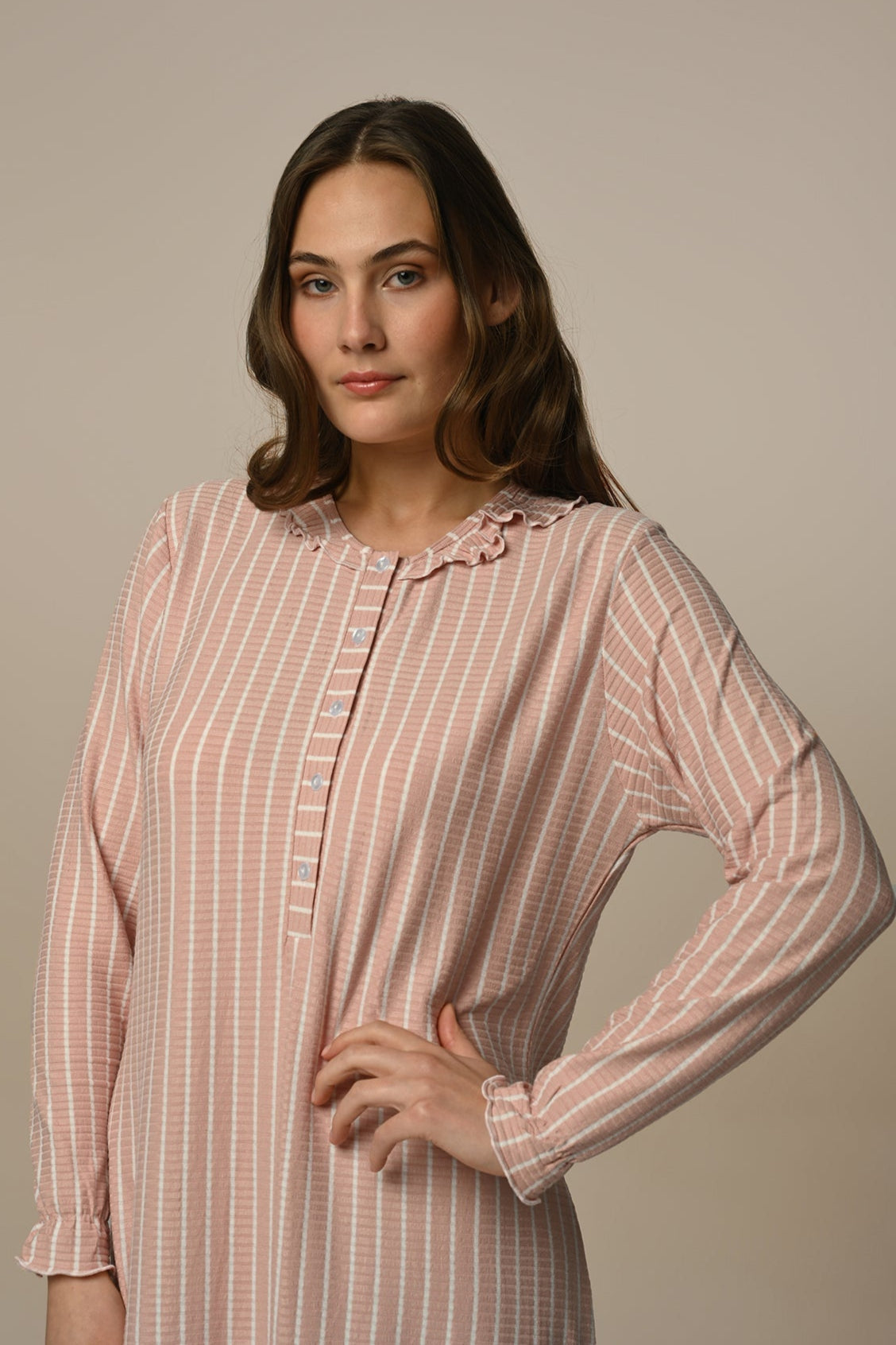 Ribbed Stripe Maternity Feeding-Friendly Nightgown - N24401