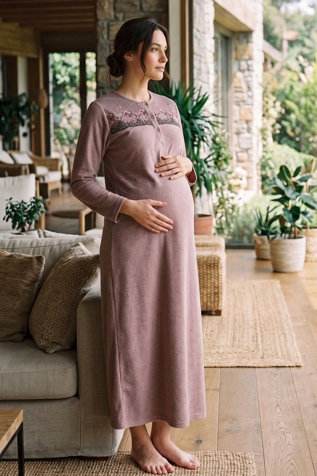 Flowery Lace Collar Maternity Feeding-Friendly Nightgown - N24405