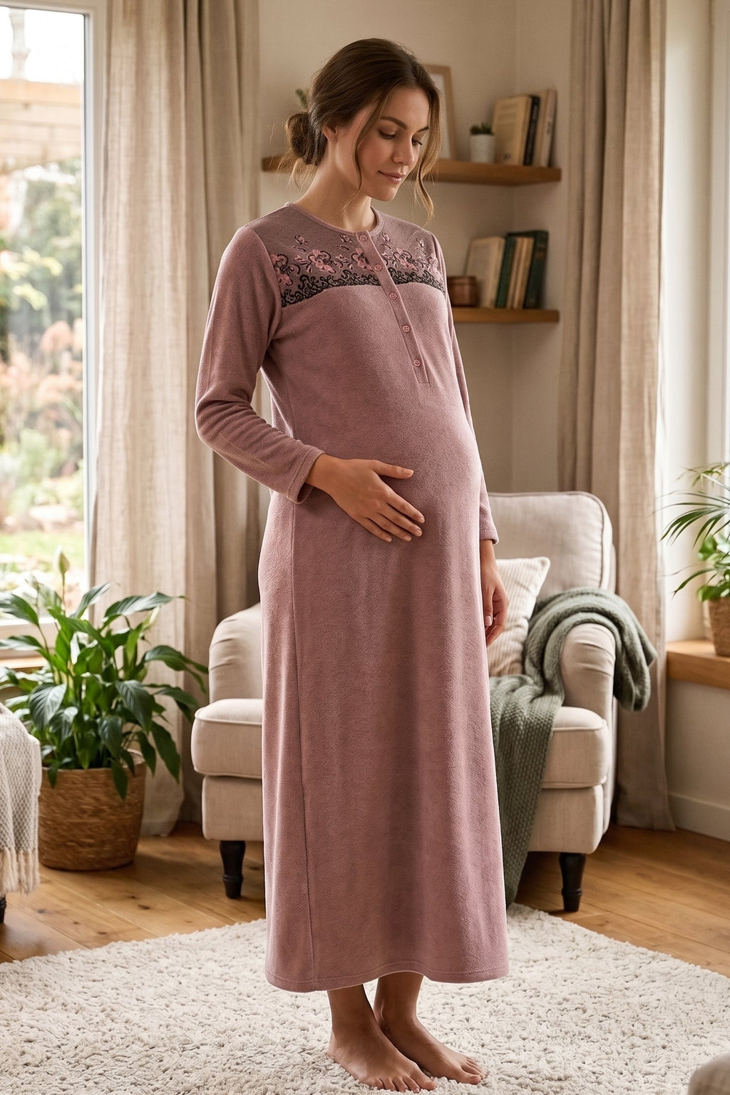 Flowery Lace Collar Maternity Feeding-Friendly Nightgown - N24405