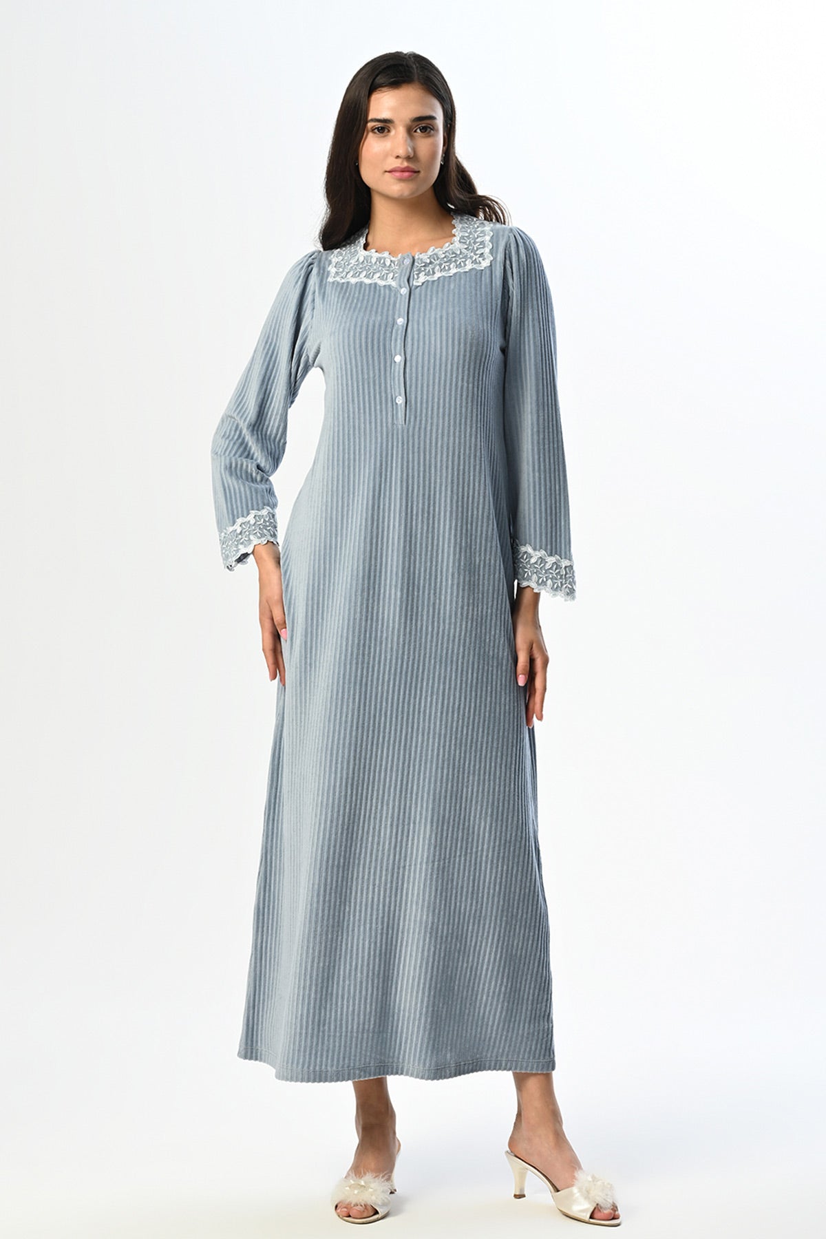 Ribbed Lace Maternity Feeding-Friendly Nightgown - N24407