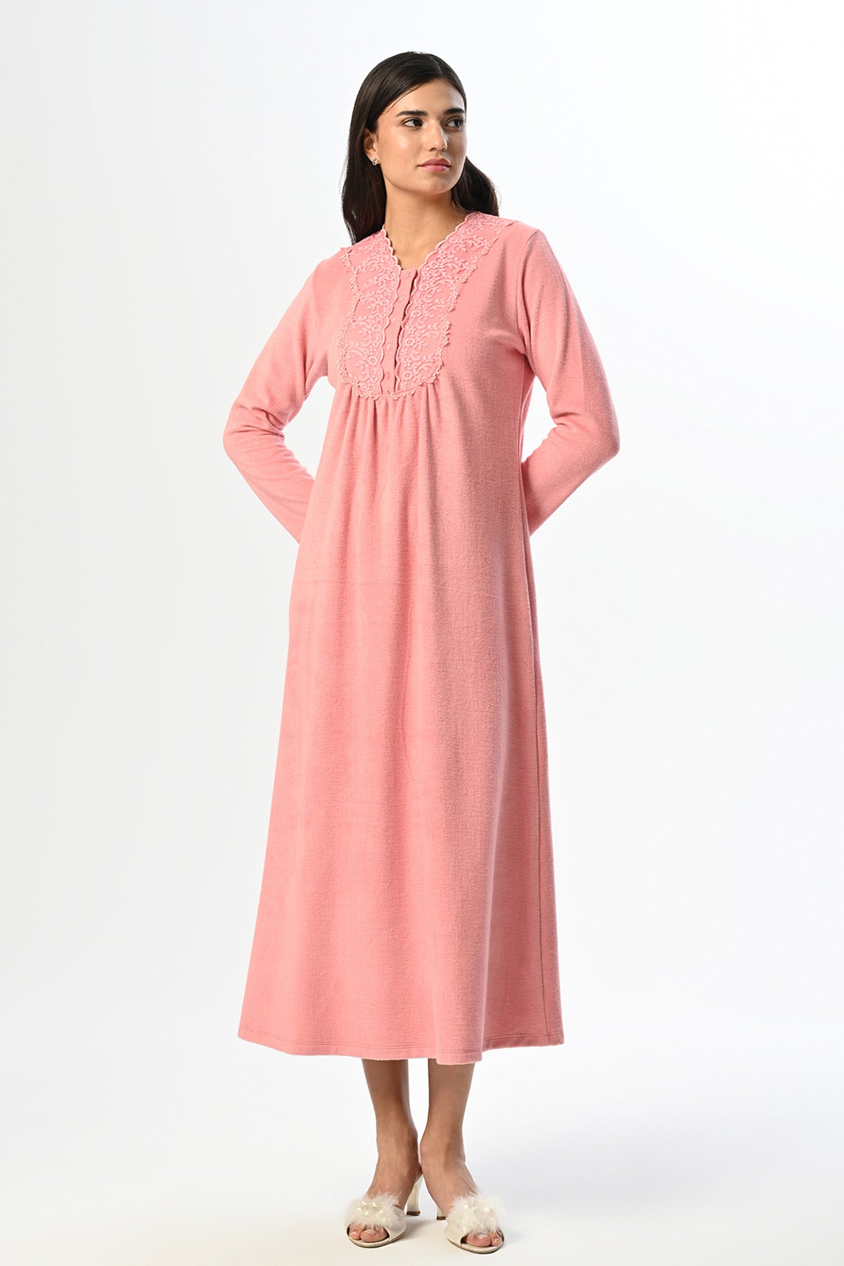 Lace Collar Maternity Feeding-Friendly Nightgown Salmon - N24408