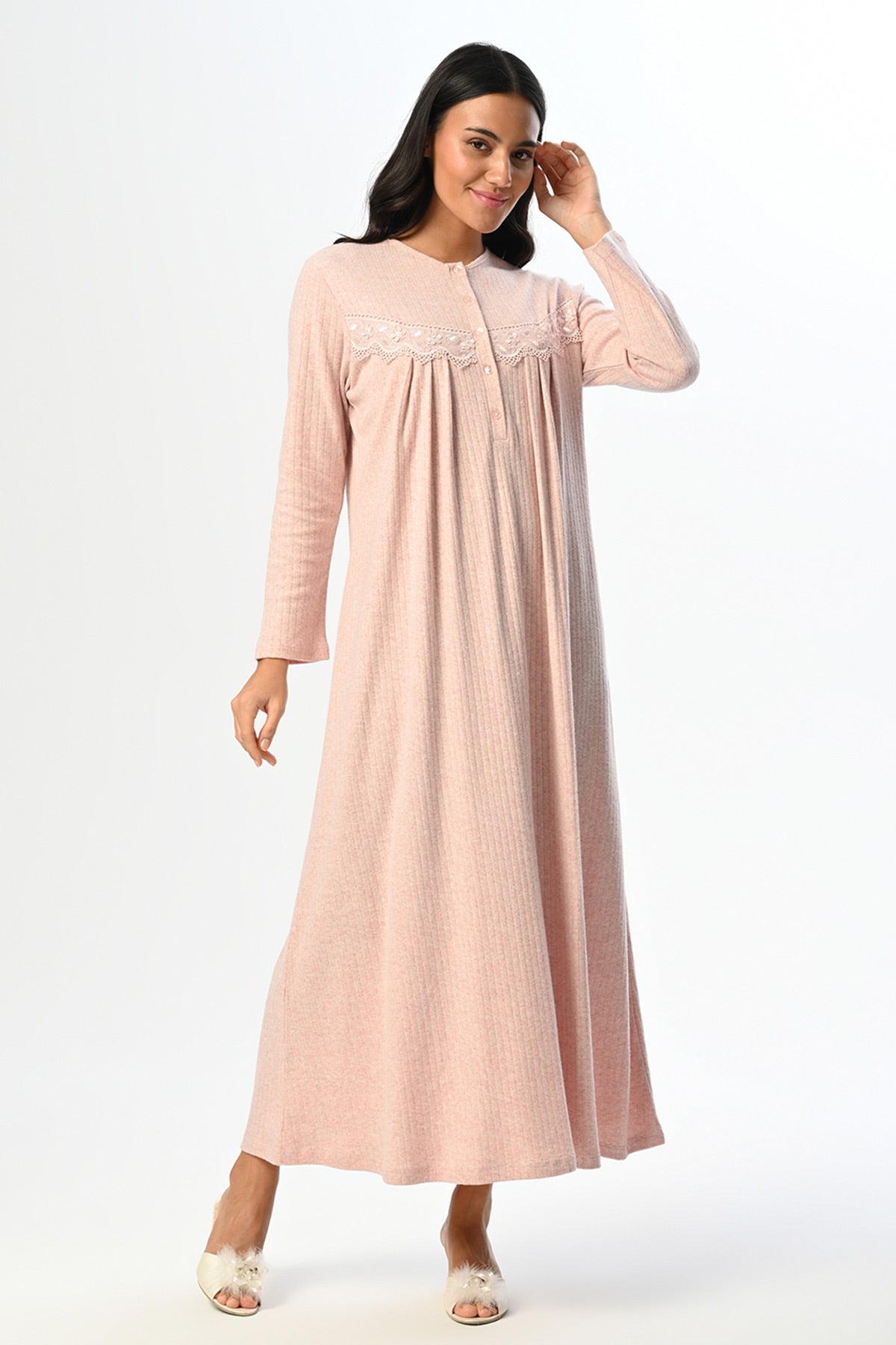 Lace Ribbed Maternity Feeding-Friendly Nightgown - N24409