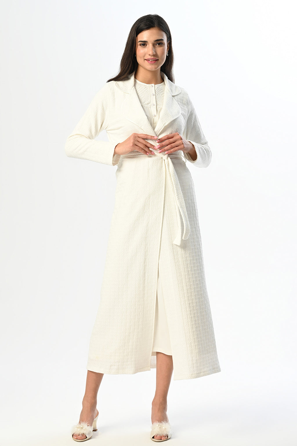 Guipure Collar Maternity Feeding-Friendly Nightgown & Jacquard Robe Set - N24524
