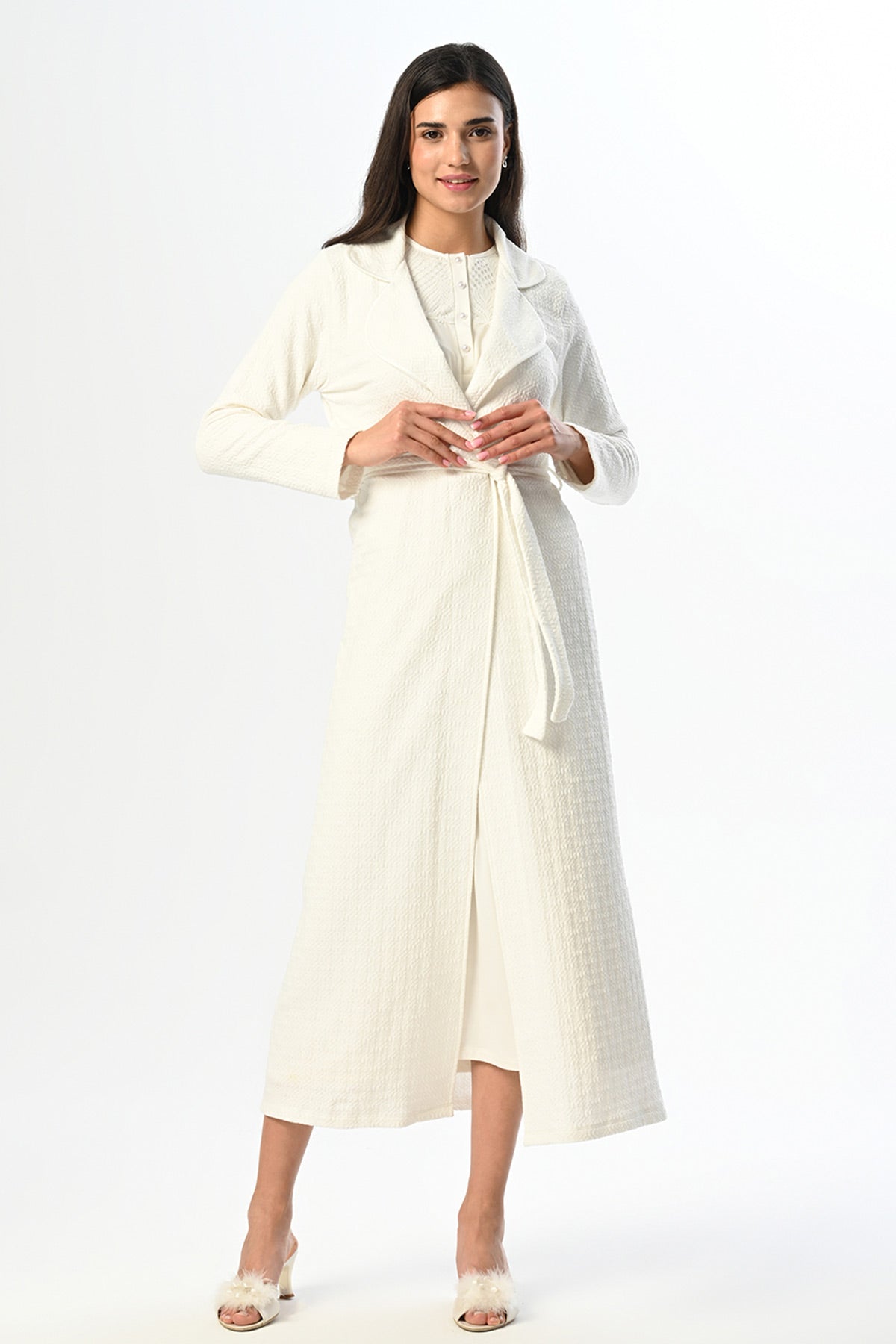 Guipure Collar Maternity Feeding-Friendly Nightgown & Jacquard Robe Set - N24524
