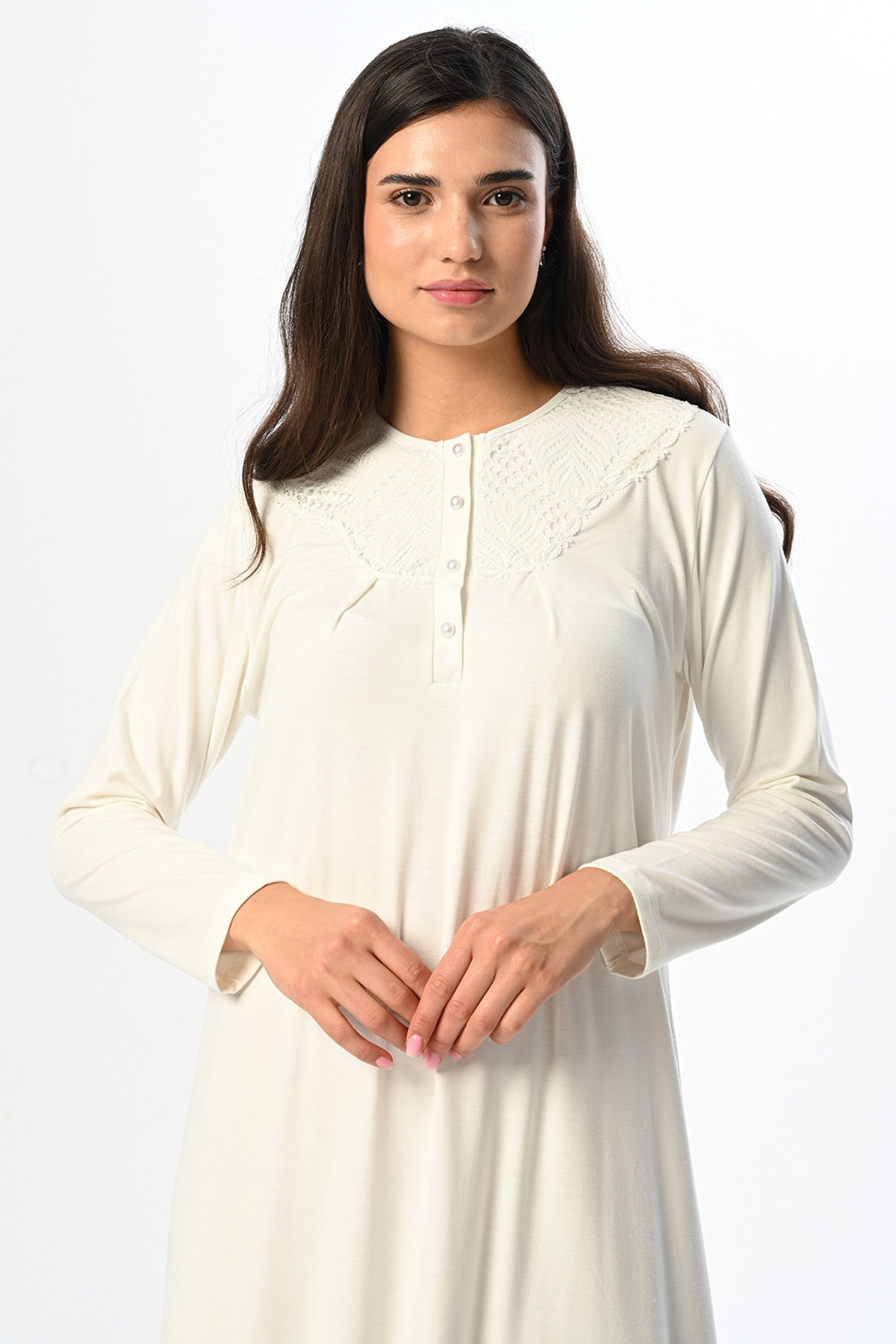 Guipure Collar Maternity Feeding-Friendly Nightgown & Jacquard Robe Set - N24524