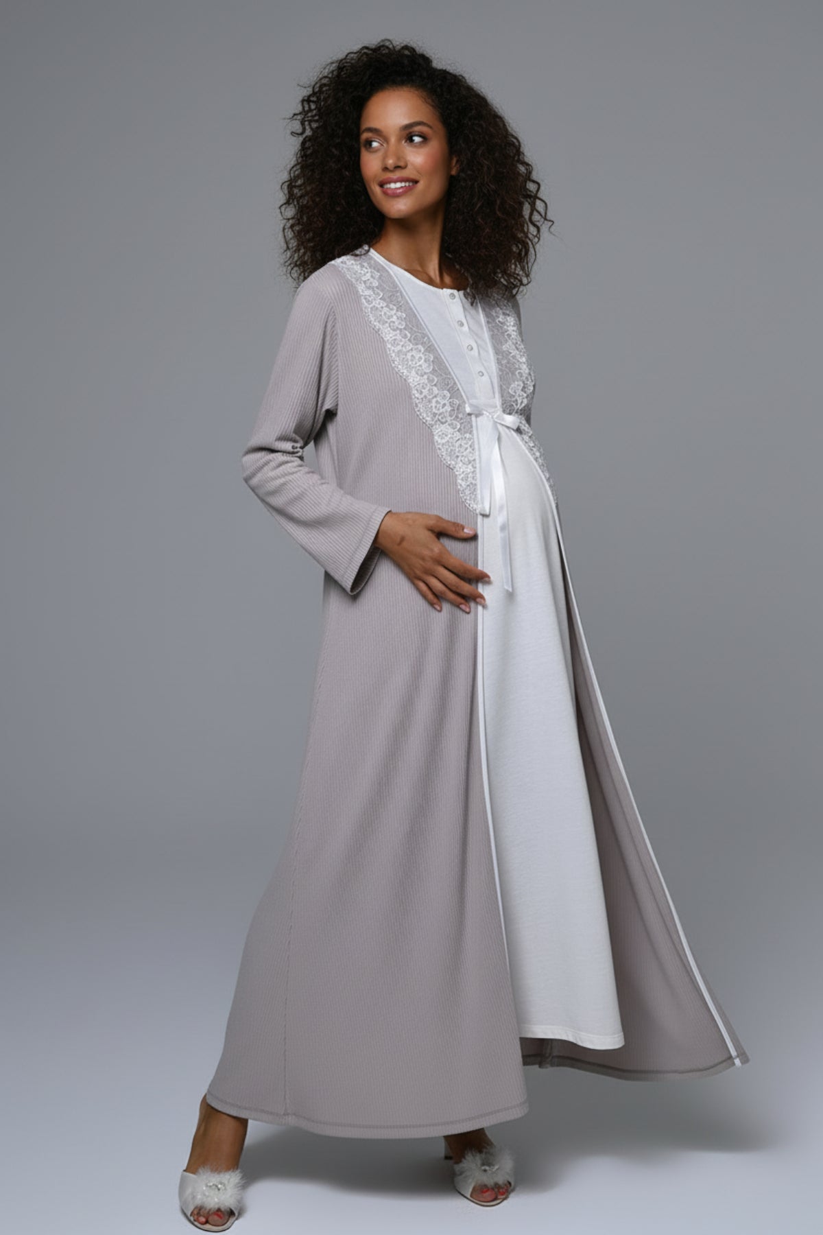Flowery Lace Collar Maternity Feeding-Friendly Nightgown & Robe Set - N24532