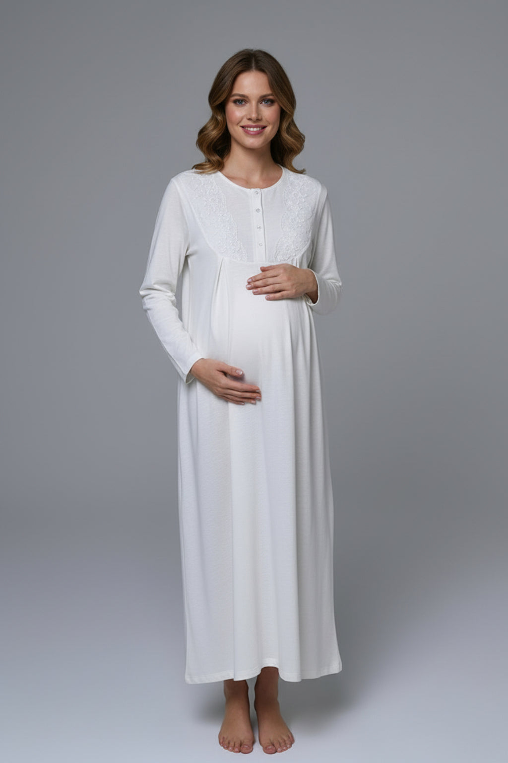 Flowery Lace Collar Maternity Feeding-Friendly Nightgown & Robe Set - N24532