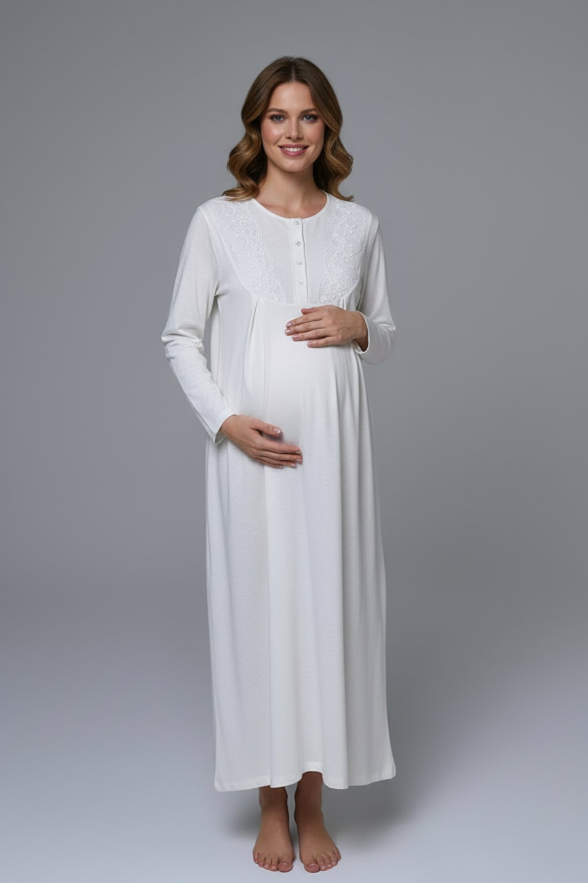 Flowery Lace Collar Maternity Feeding-Friendly Nightgown & Robe Set - N24532