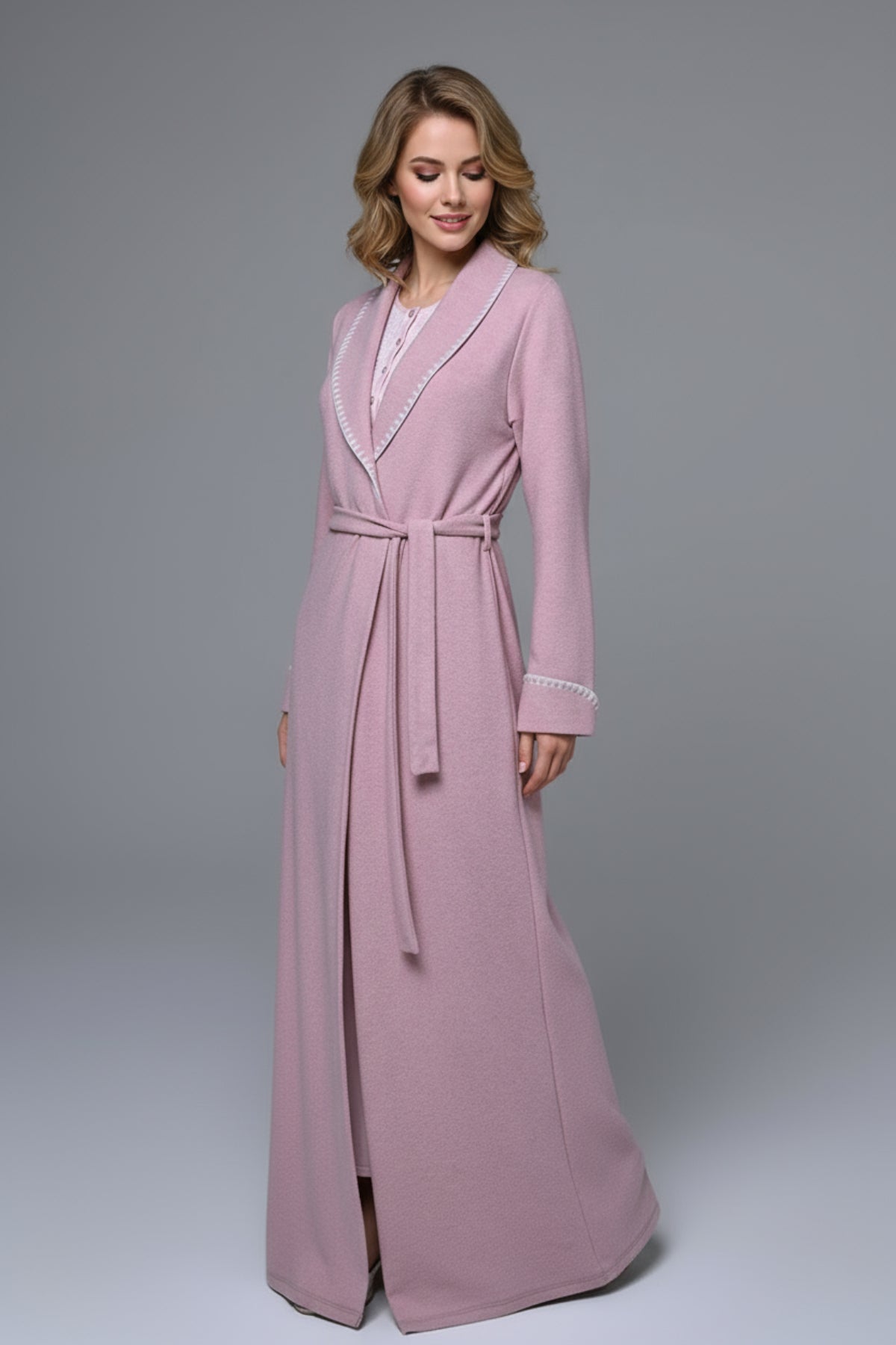 Lace Collar Maternity Feeding-Friendly Nightgown & Robe Set Pink - N24537