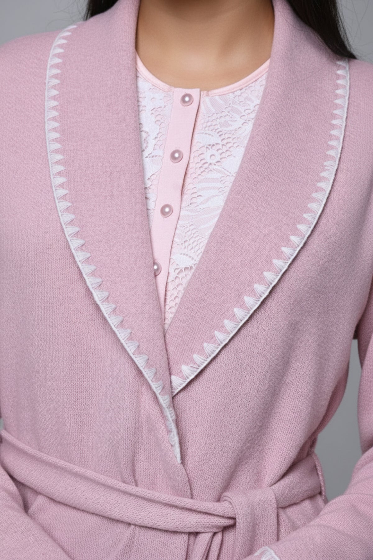 Lace Collar Maternity Feeding-Friendly Nightgown & Robe Set Pink - N24537