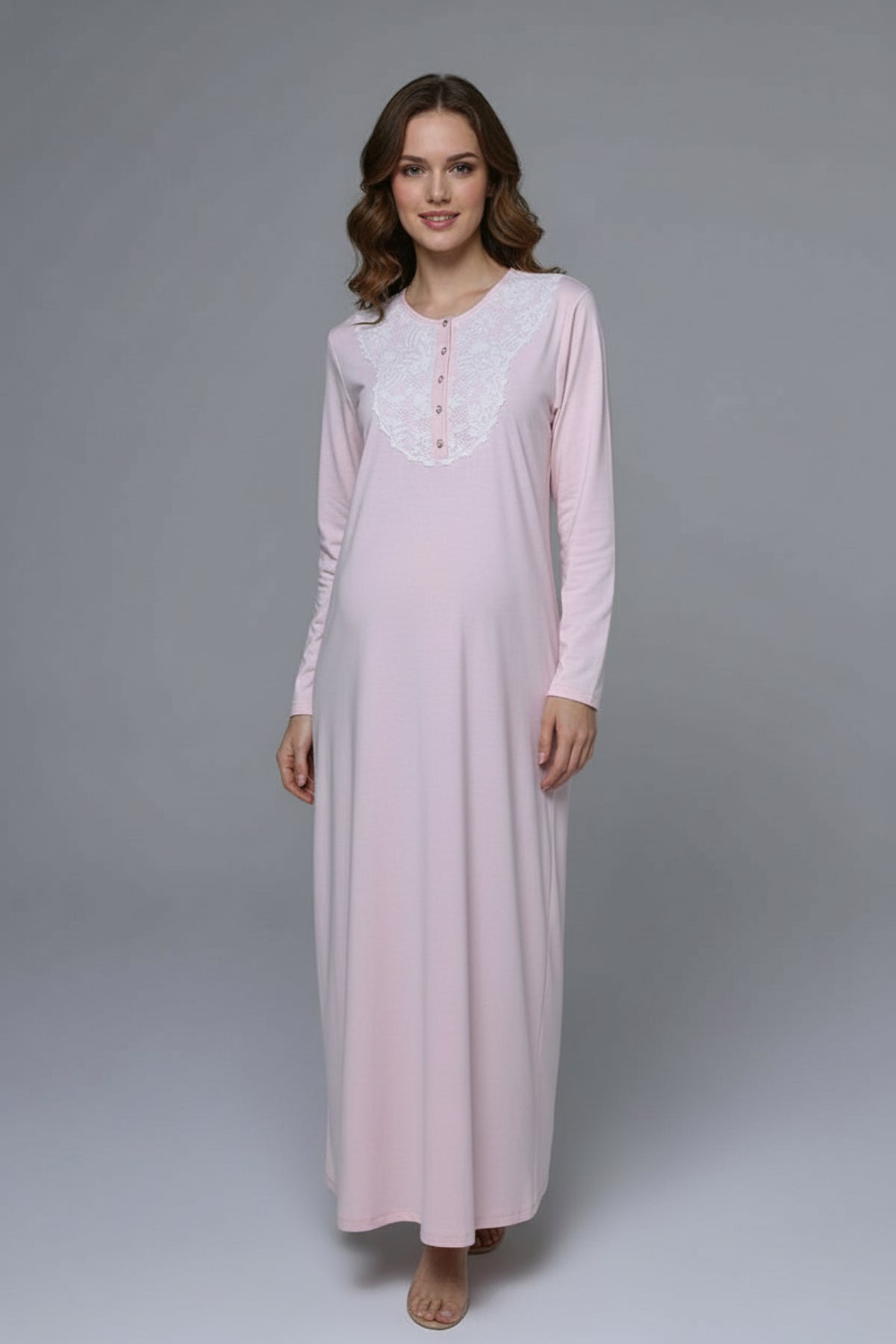 Lace Collar Maternity Feeding-Friendly Nightgown & Robe Set Pink - N24537