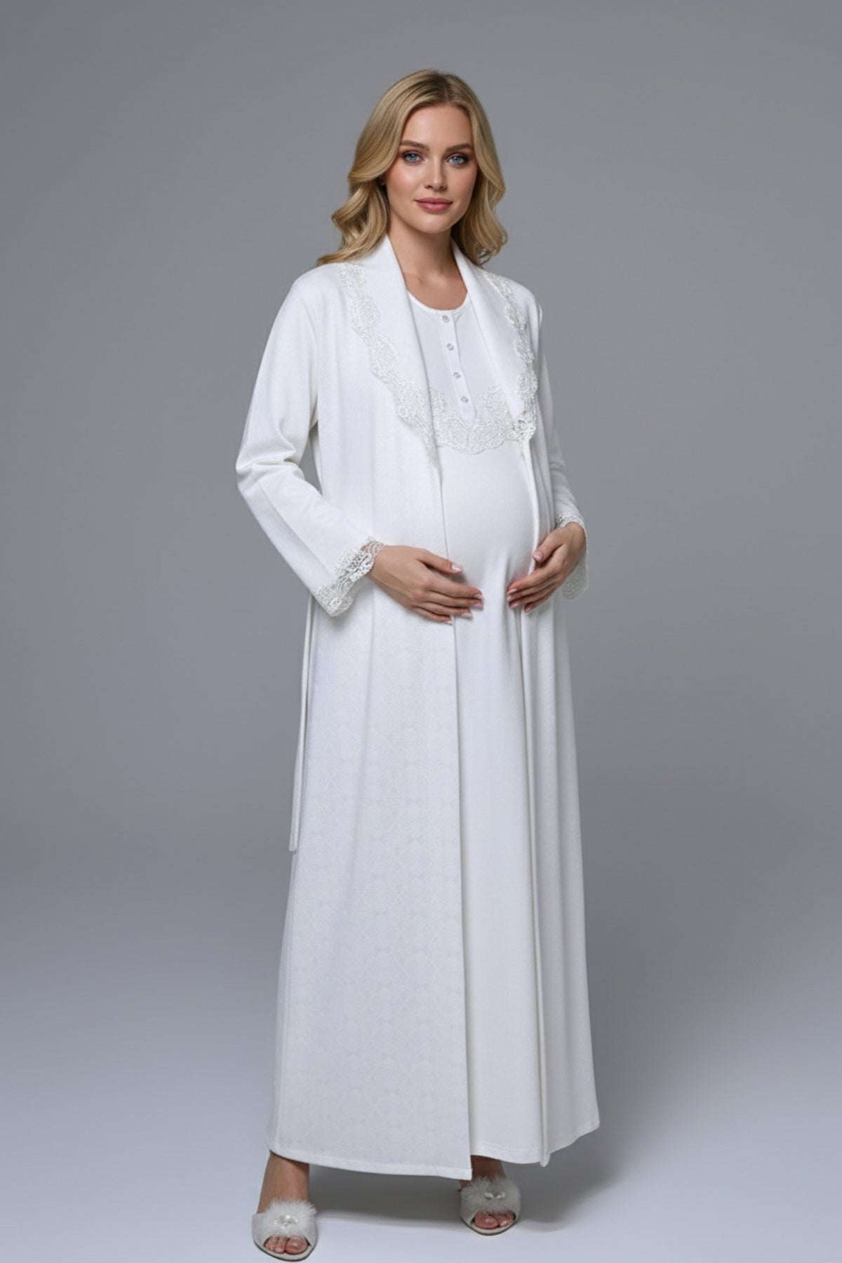 Lace Collar Maternity Feeding-Friendly Nightgown & Lace Sleeve Robe Set - N24540