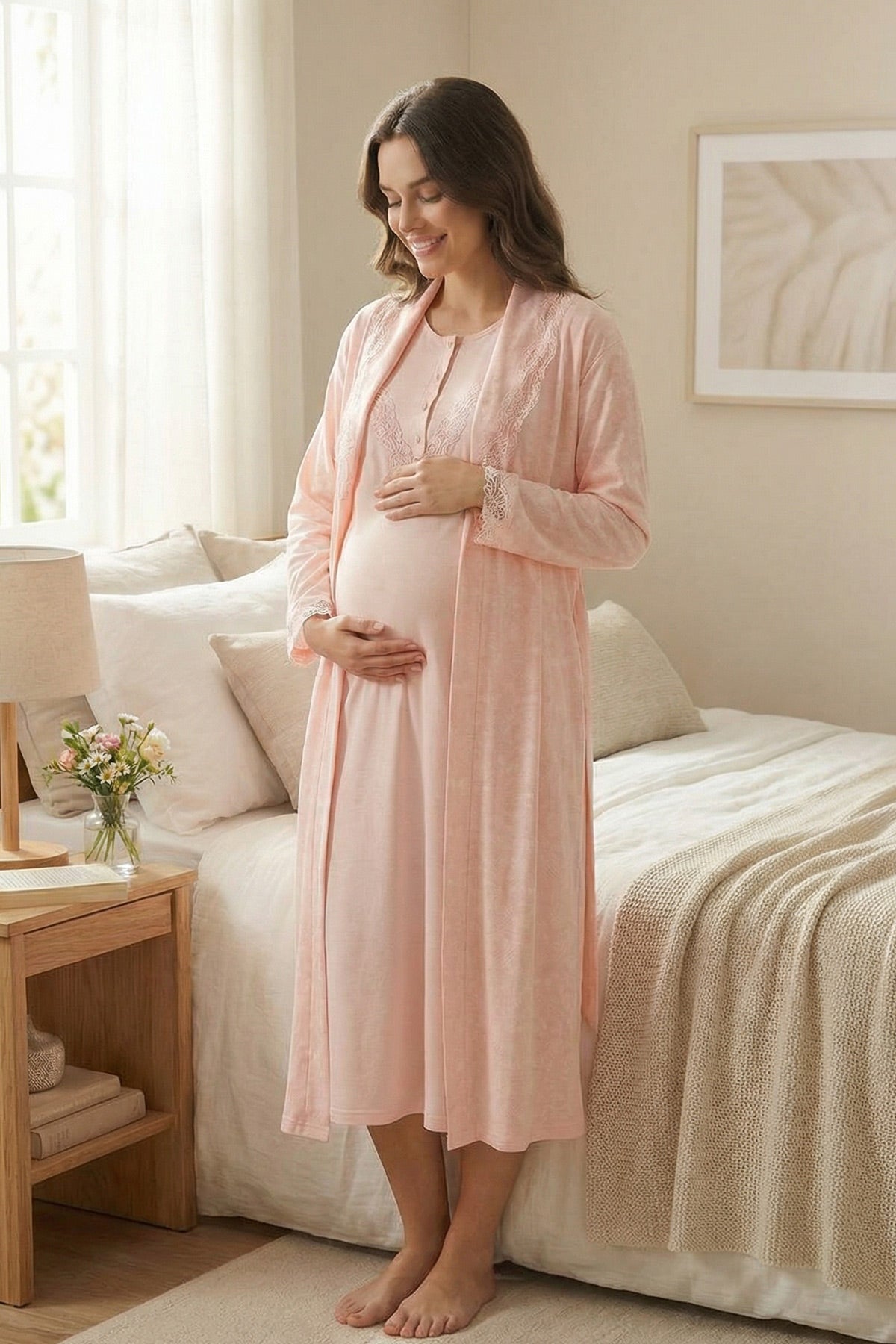 Lace Collar Maternity Feeding-Friendly Nightgown & Lace Sleeve Robe Set - N24540