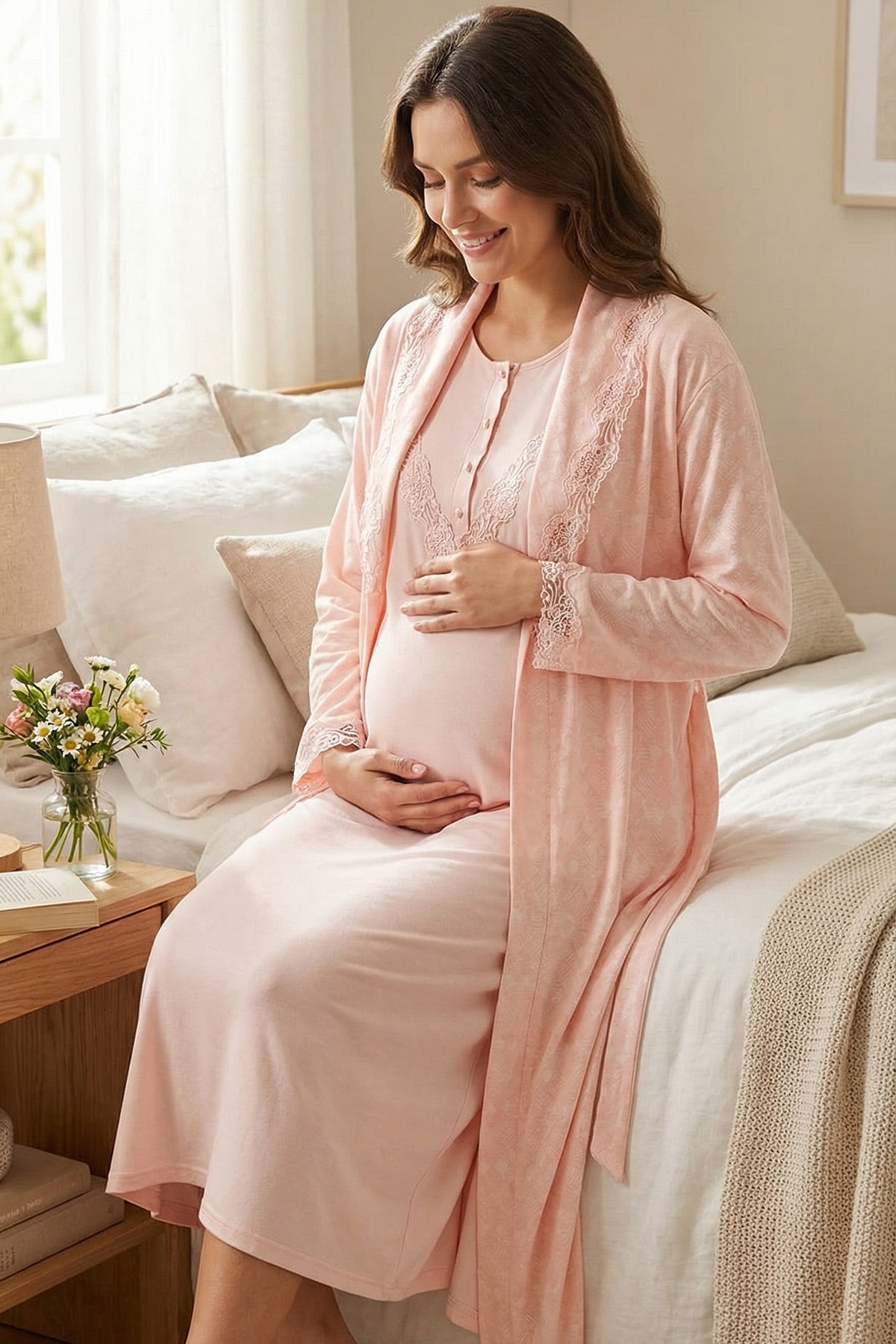 Lace Collar Maternity Feeding-Friendly Nightgown & Lace Sleeve Robe Set - N24540