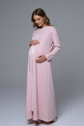 Flowery Lace Embroidered Maternity Feeding-Friendly Nightgown & Robe Set Pink - N24542