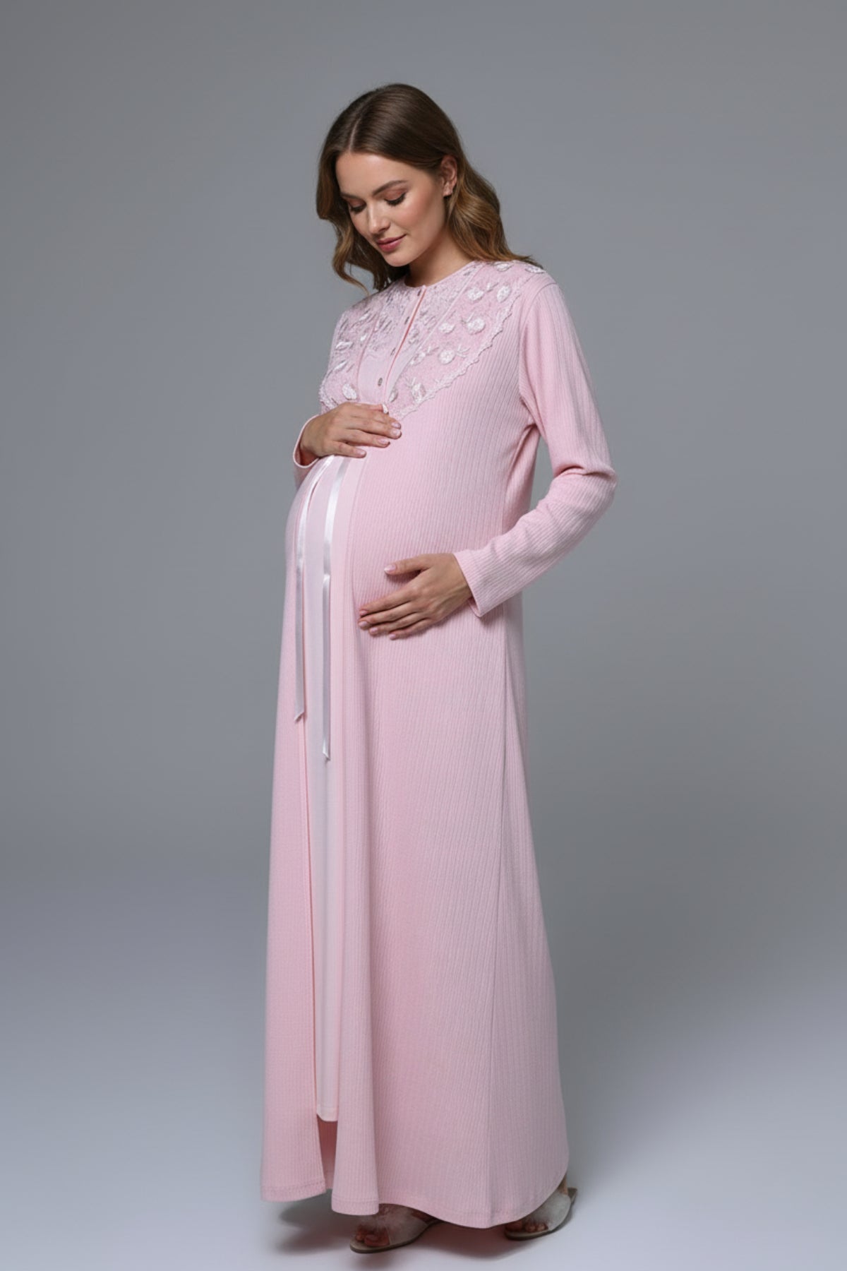 Flowery Lace Embroidered Maternity Feeding-Friendly Nightgown & Robe Set Pink - N24542