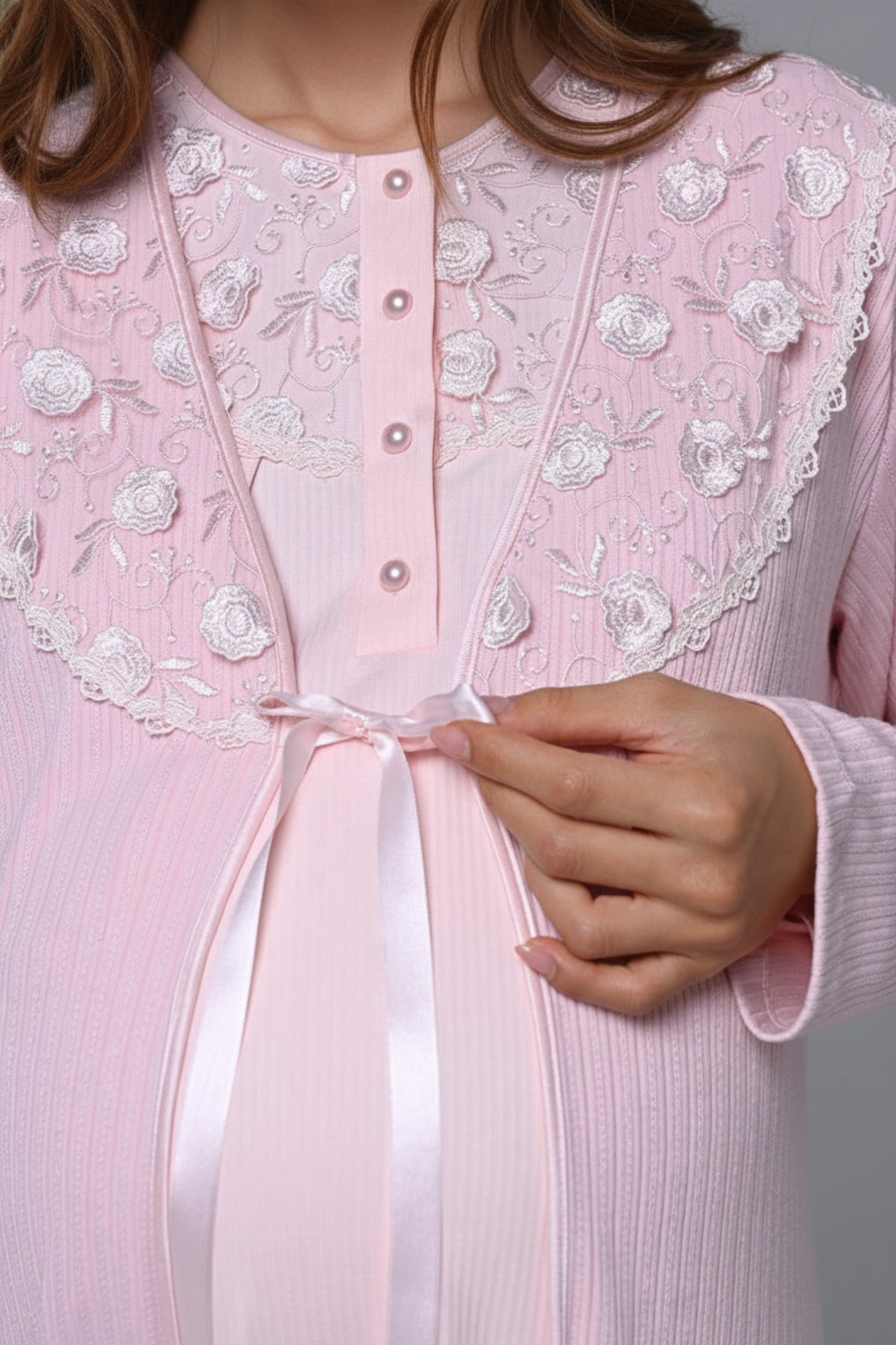 Flowery Lace Embroidered Maternity Feeding-Friendly Nightgown & Robe Set Pink - N24542