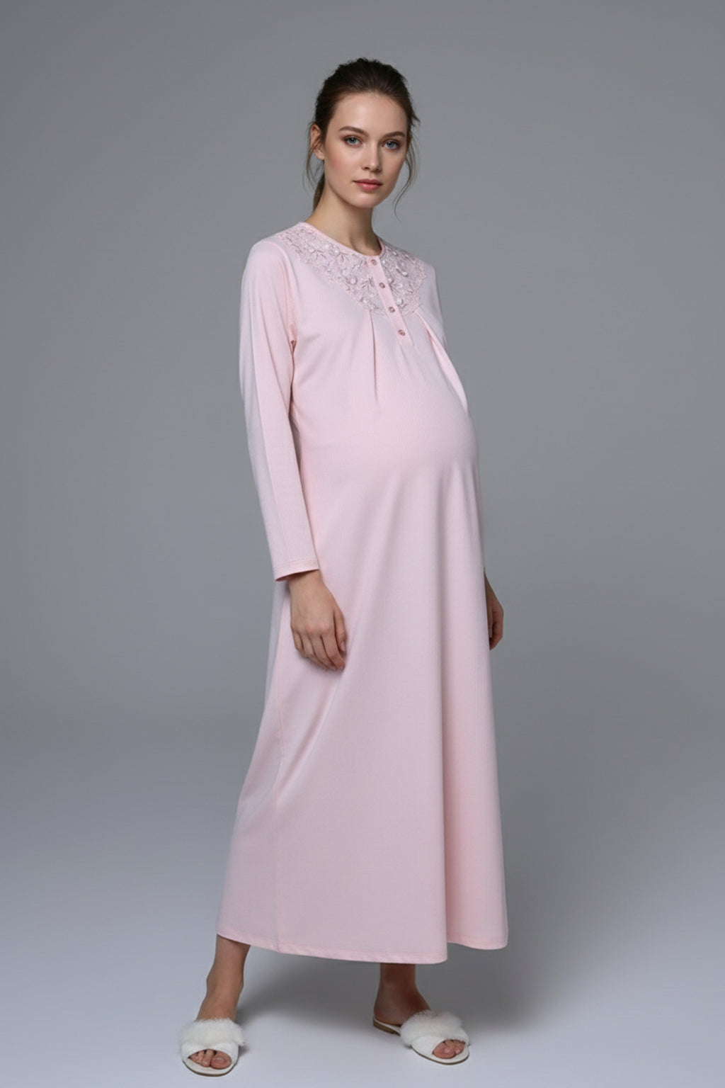 Flowery Lace Embroidered Maternity Feeding-Friendly Nightgown & Robe Set Pink - N24542