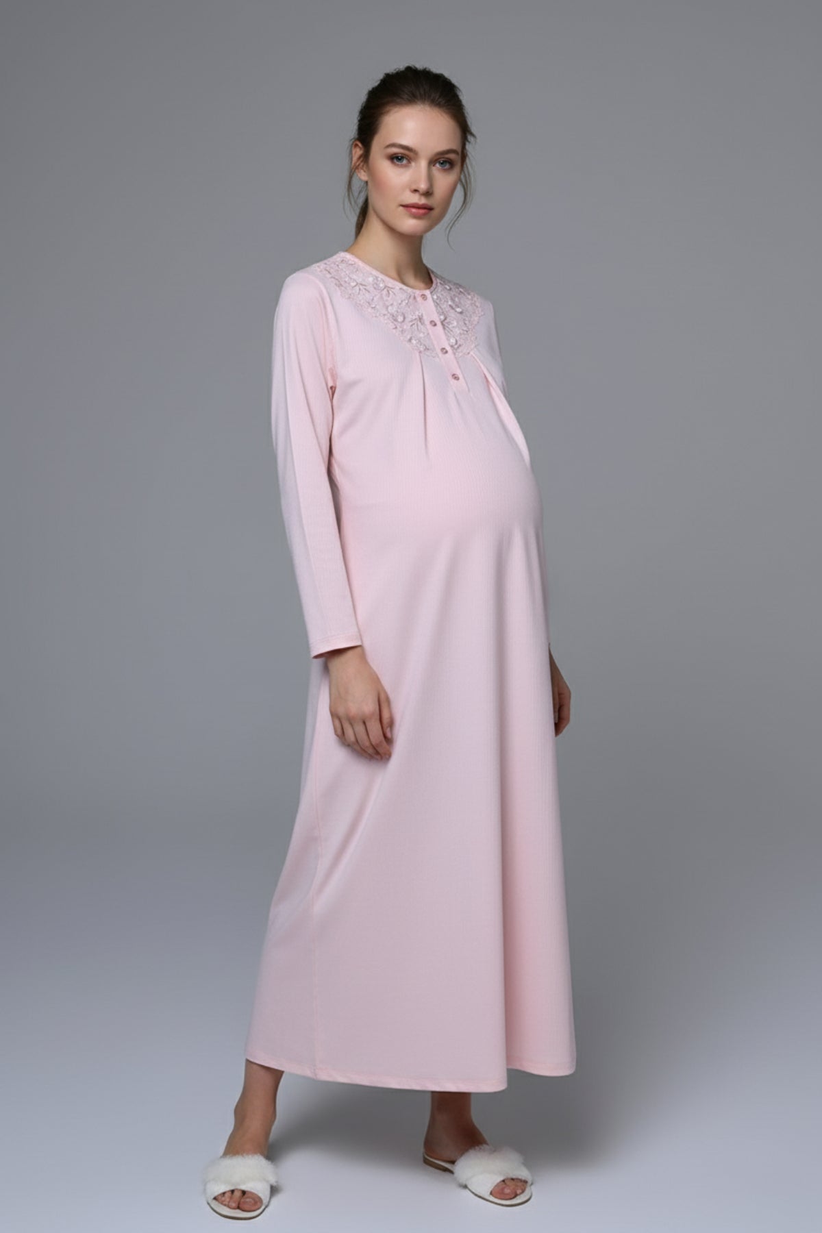 Flowery Lace Embroidered Maternity Feeding-Friendly Nightgown & Robe Set Pink - N24542