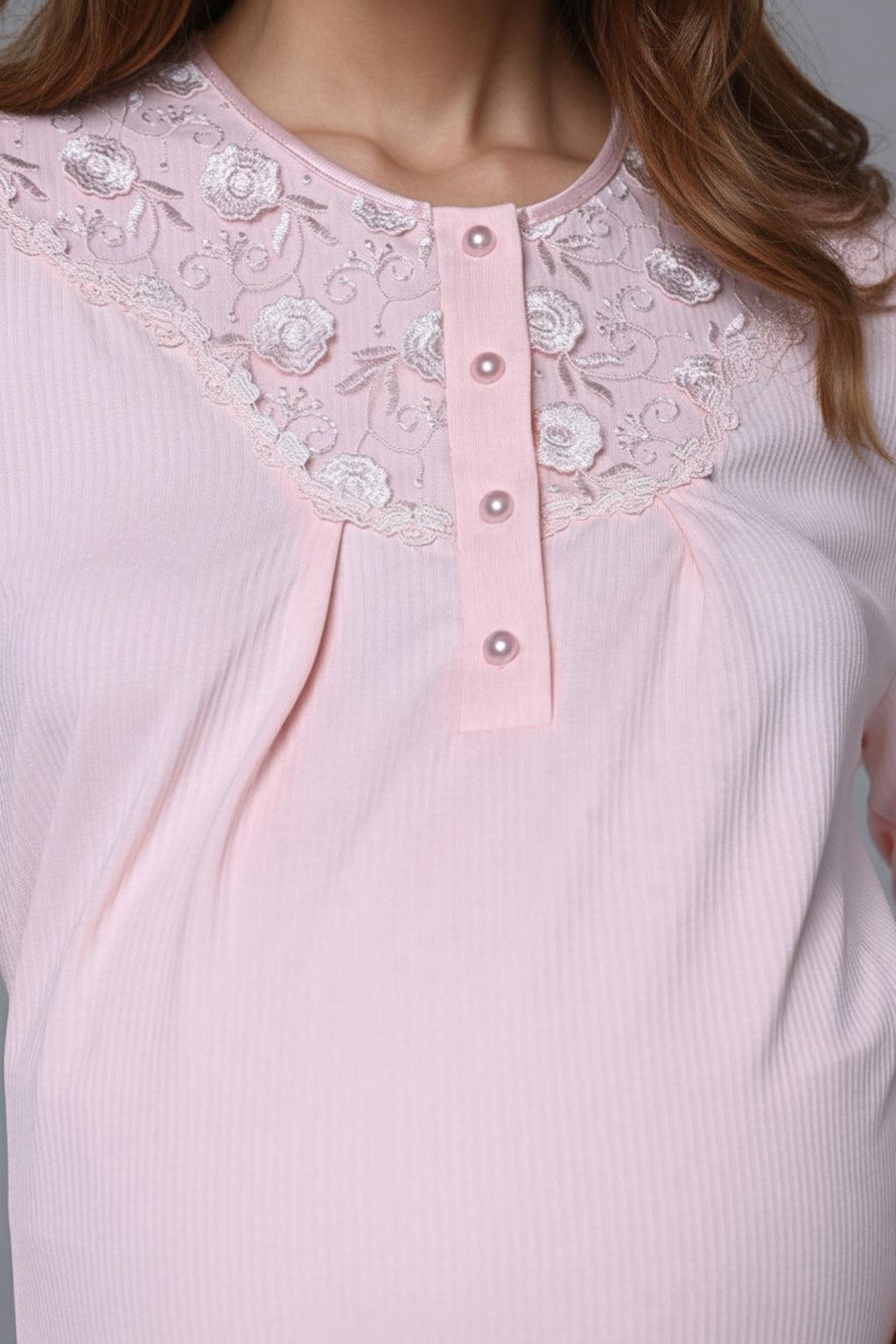 Flowery Lace Embroidered Maternity Feeding-Friendly Nightgown & Robe Set Pink - N24542