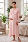 Guipure Collar 2-Piece Maternity Feeding-Friendly Nightgown & Tulle Collar Robe Set Pink - N24543