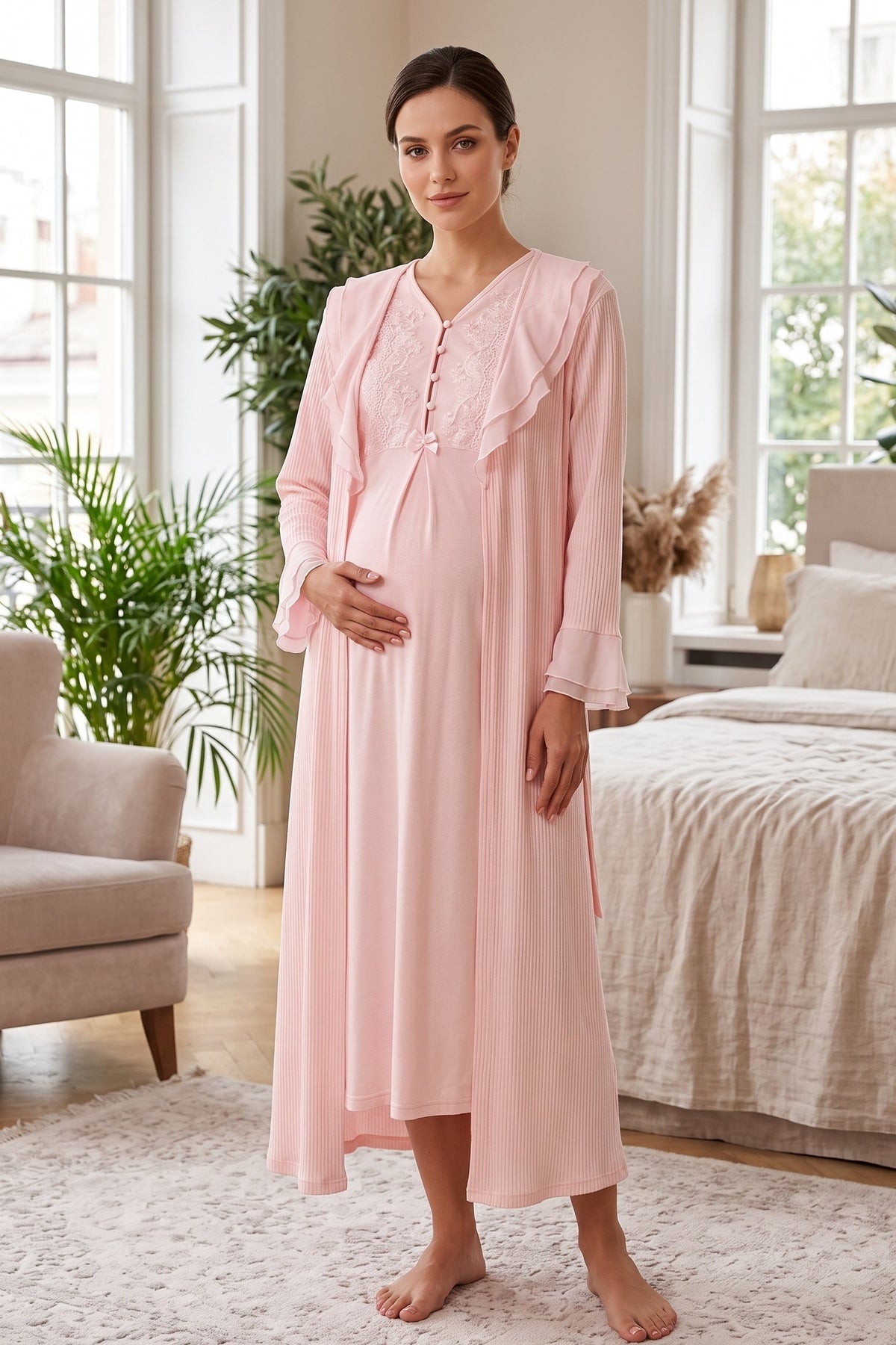Guipure Collar 2-Piece Maternity Feeding-Friendly Nightgown & Tulle Collar Robe Set Pink - N24543