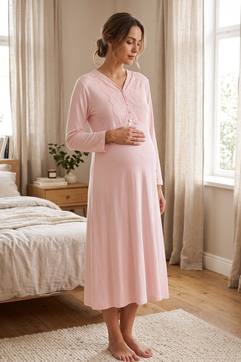 Guipure Collar 2-Piece Maternity Feeding-Friendly Nightgown & Tulle Collar Robe Set Pink - N24543
