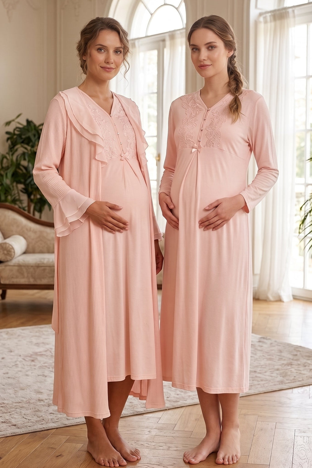 Guipure Collar 2-Piece Maternity Feeding-Friendly Nightgown & Tulle Collar Robe Set Pink - N24543