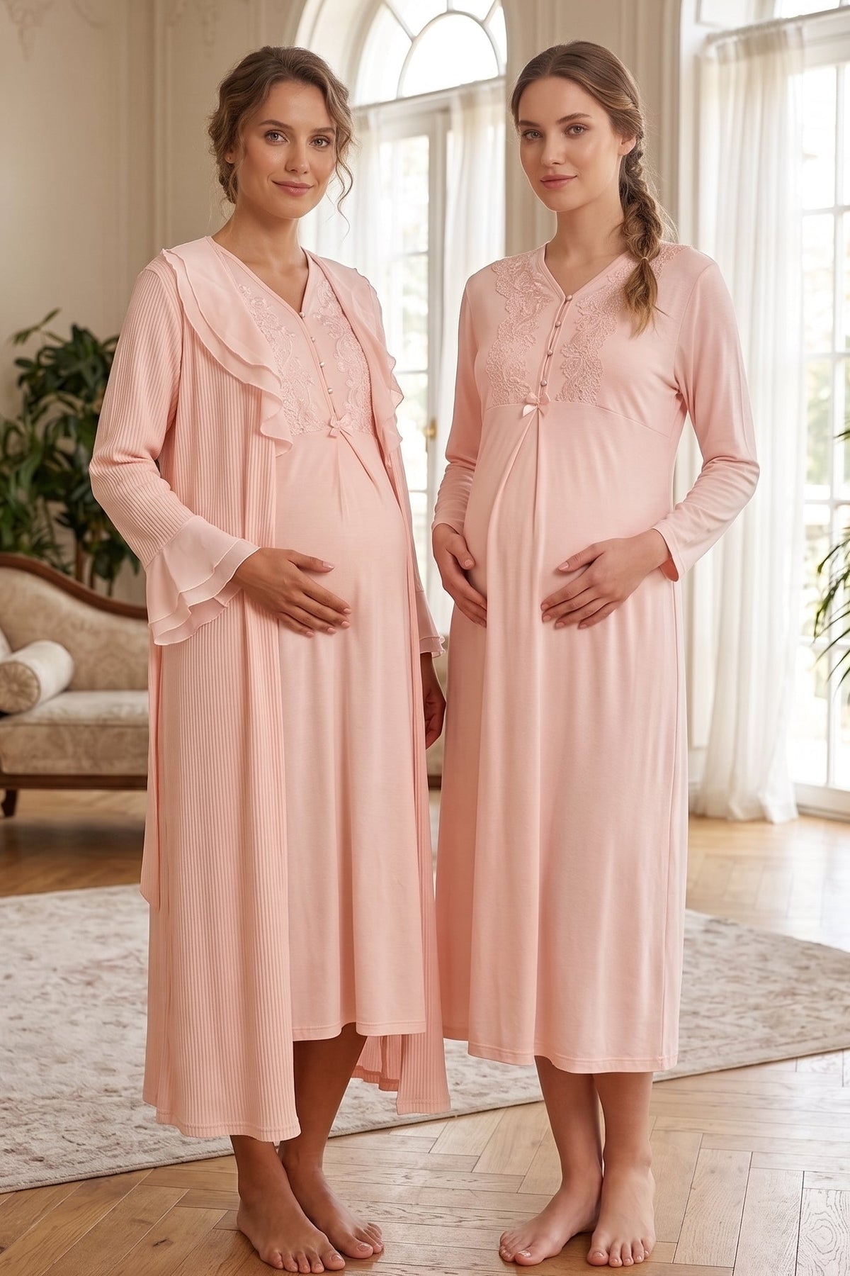 Guipure Collar 2-Piece Maternity Feeding-Friendly Nightgown & Tulle Collar Robe Set Pink - N24543